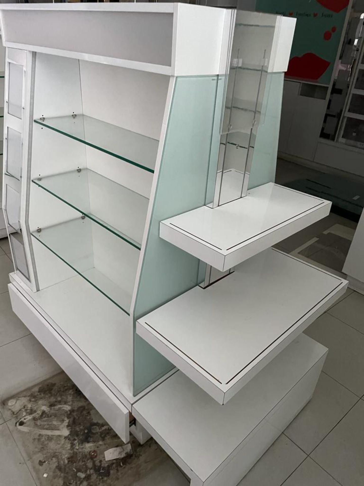 1 x Retail Display Island With Glass Shelves, Illuminated Light Boxes, Mirrors, Storage Drawer and