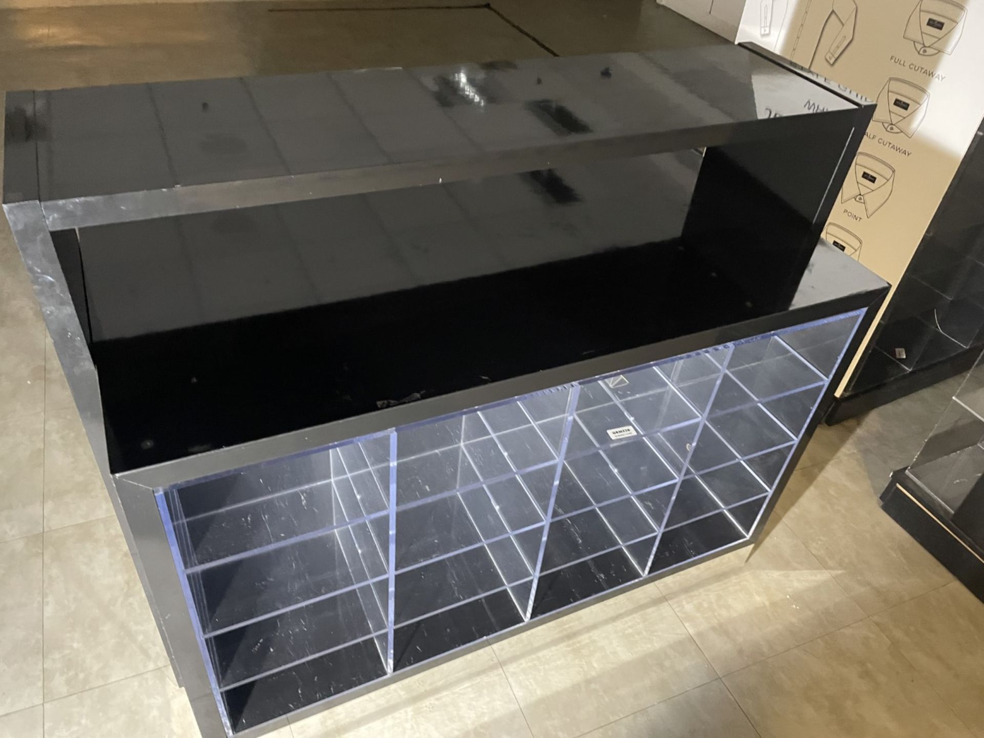 1 x Double Sided Retail Shirt Display Stand With Acrylic Shelves and Black Gloss Over Shelf For - Image 9 of 9