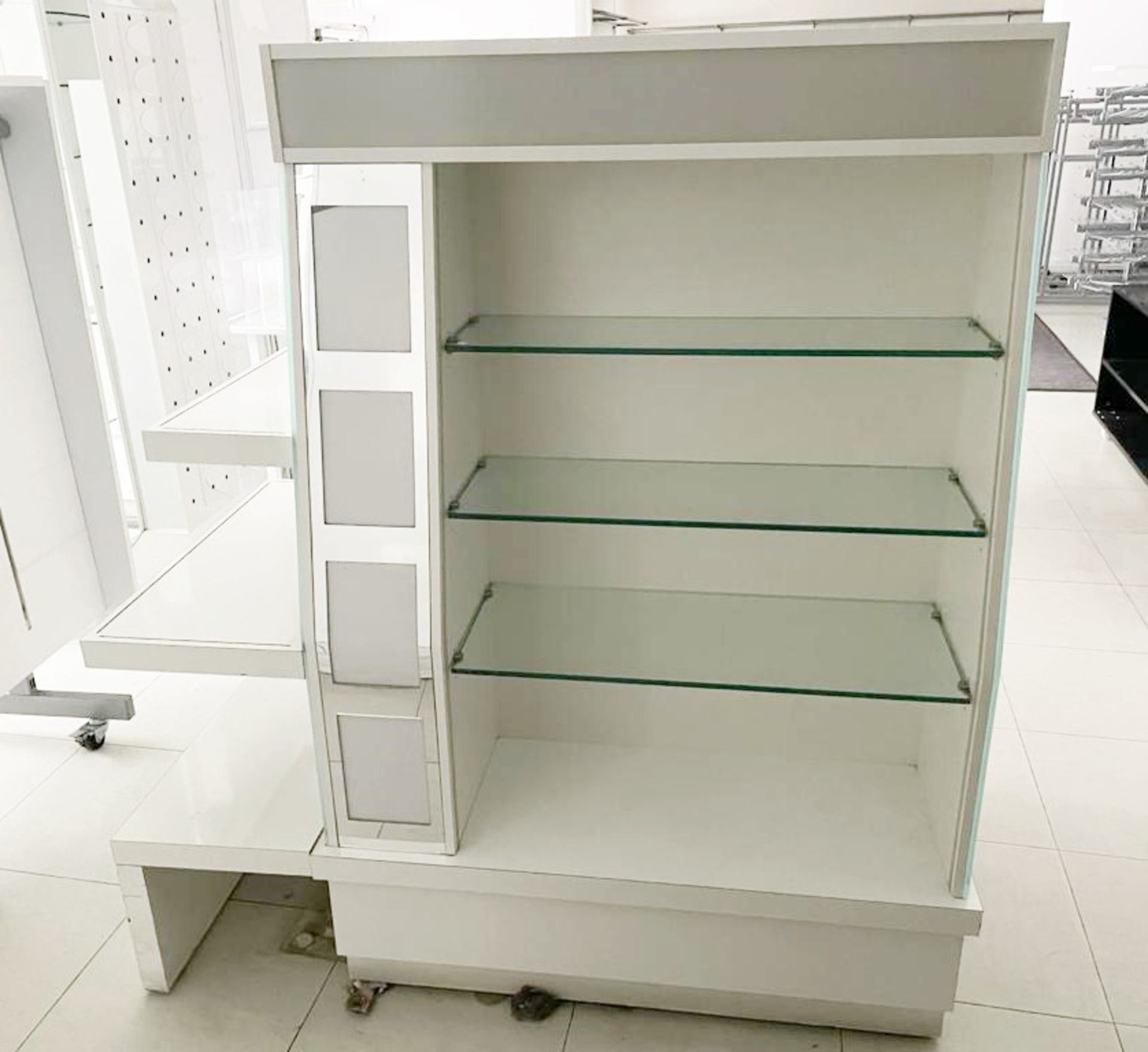 1 x Retail Display Island With Glass Shelves, Illuminated Light Boxes, Mirrors, Storage Drawer and - Image 4 of 8