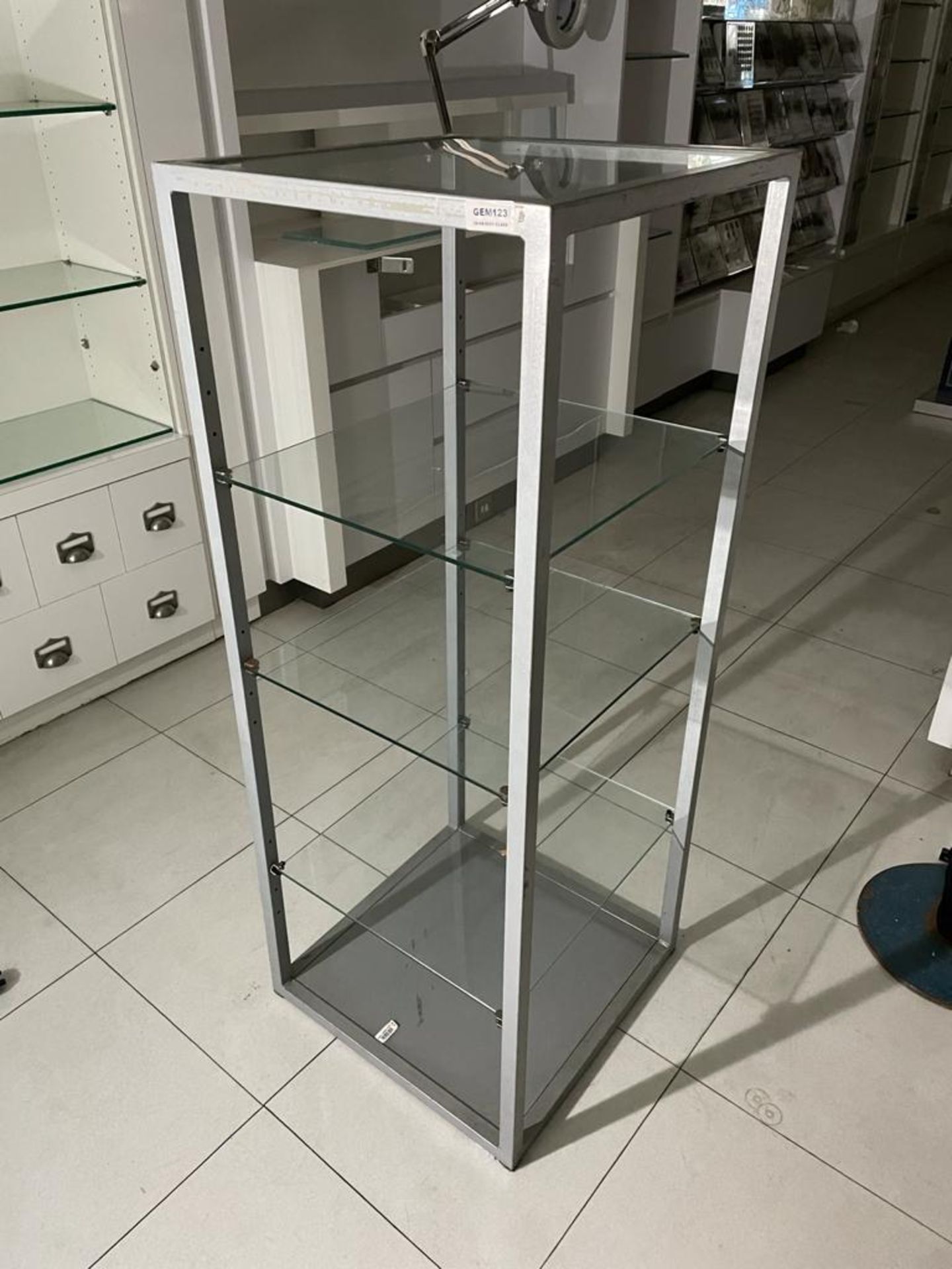 6 x Five Tier Display Shelves With Metal Frame and Four Glass Shelves - Size H129 x W50 x D50