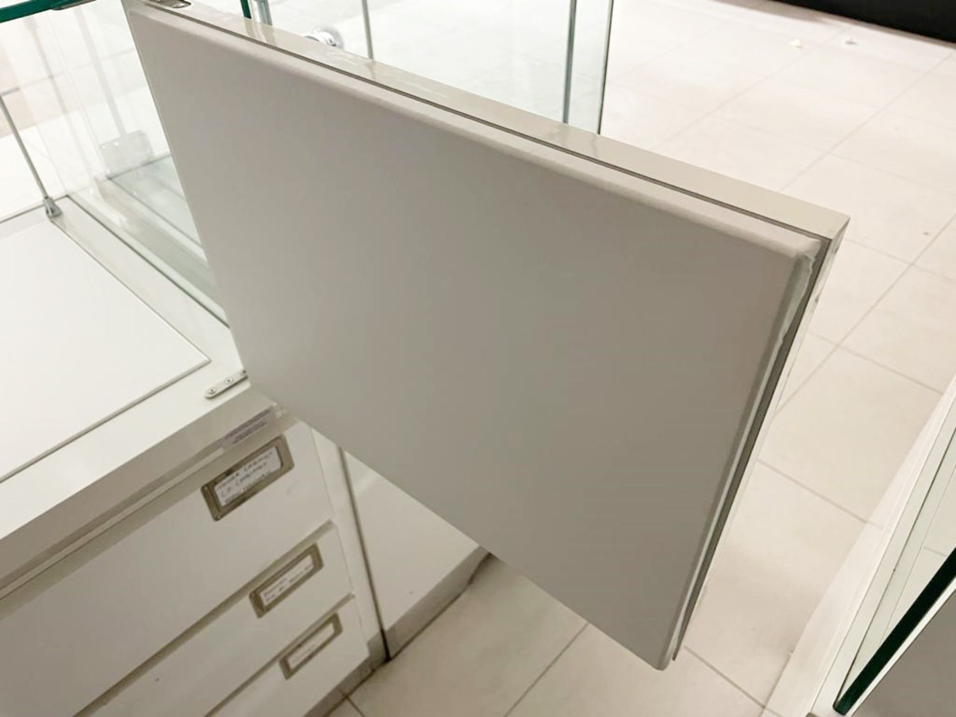 8 x Retail Glass Display Case Counter Cabinets - Features White Gloss Finish, Safety Glass, Internal - Image 5 of 13