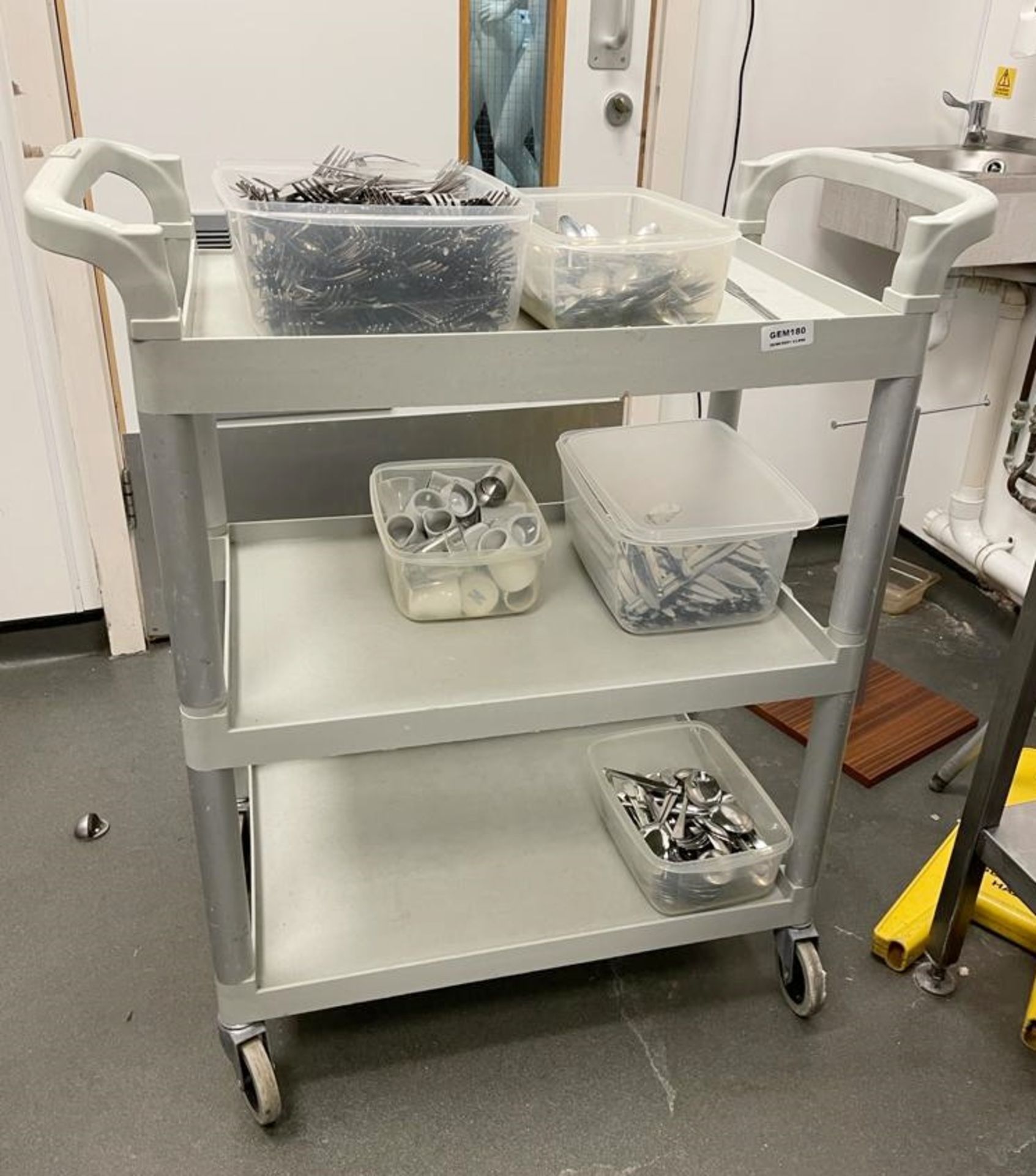 1 x Service Trolley With Push/Pull Handles on Castors - Includes Contents Such as Knives, Forks,