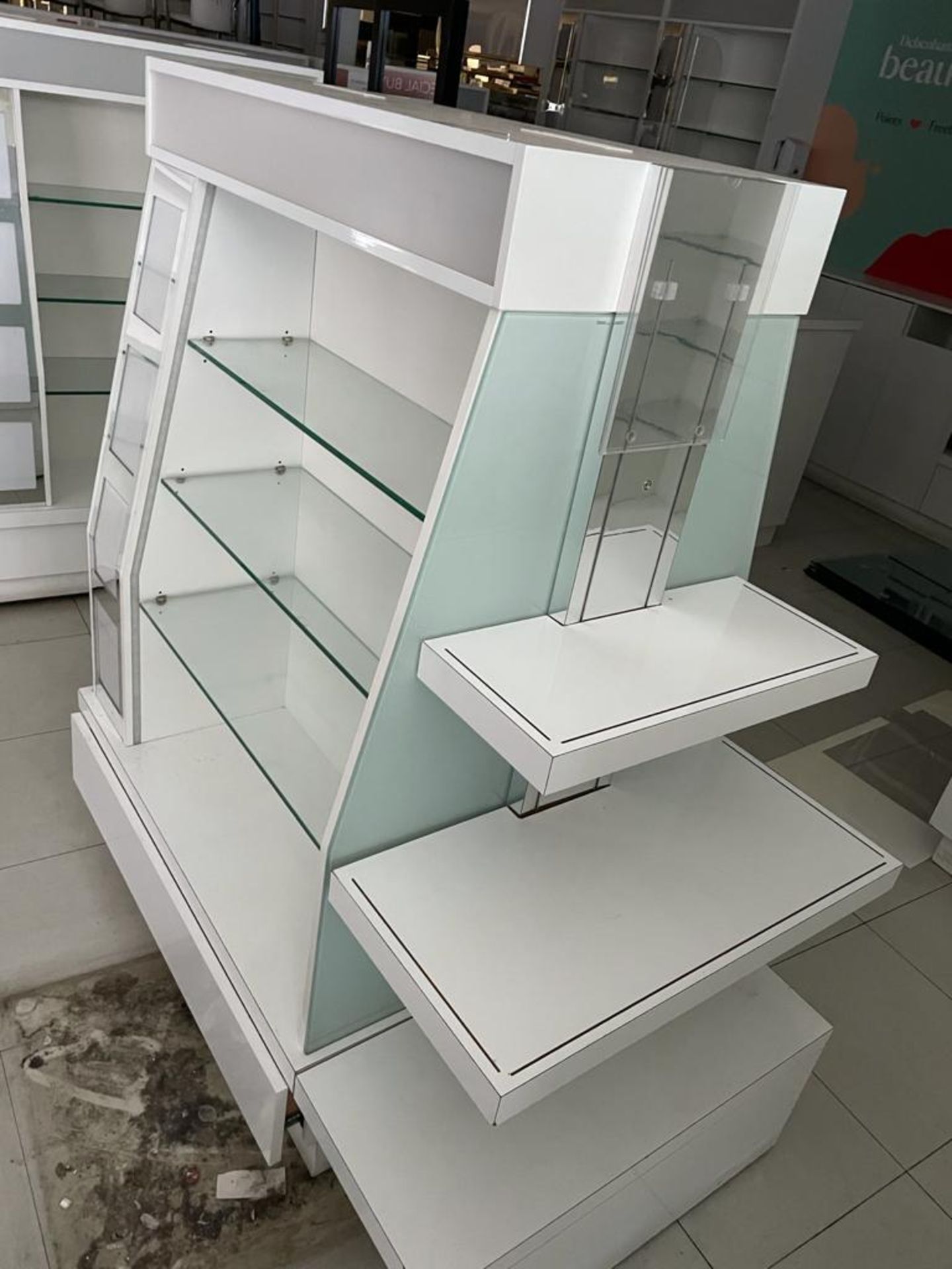 1 x Retail Display Island With Glass Shelves, Illuminated Light Boxes, Mirrors, Storage Drawer and - Image 7 of 8