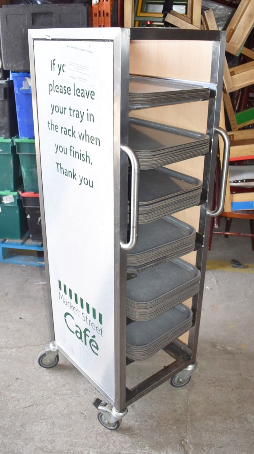 1 x Cafeteria Canteen Tray Stands With Approximately 80 x Food Trays  - Recently Removed From