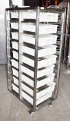 1 x Stainless Steel Upright Mobile Fish Tray Stand With Nine Perforated Stainless Steel Trays - Size