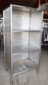 1 x Stainless Steel Commercial Mobile  Kitchen Shelf Unit - Three Tier With Closed Side and Back