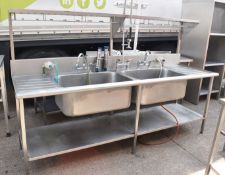 1 x Stainless Steel Commercial Wash Basin Unit With Two Large Sink Bowls, Mixer Taps, Spray Hose