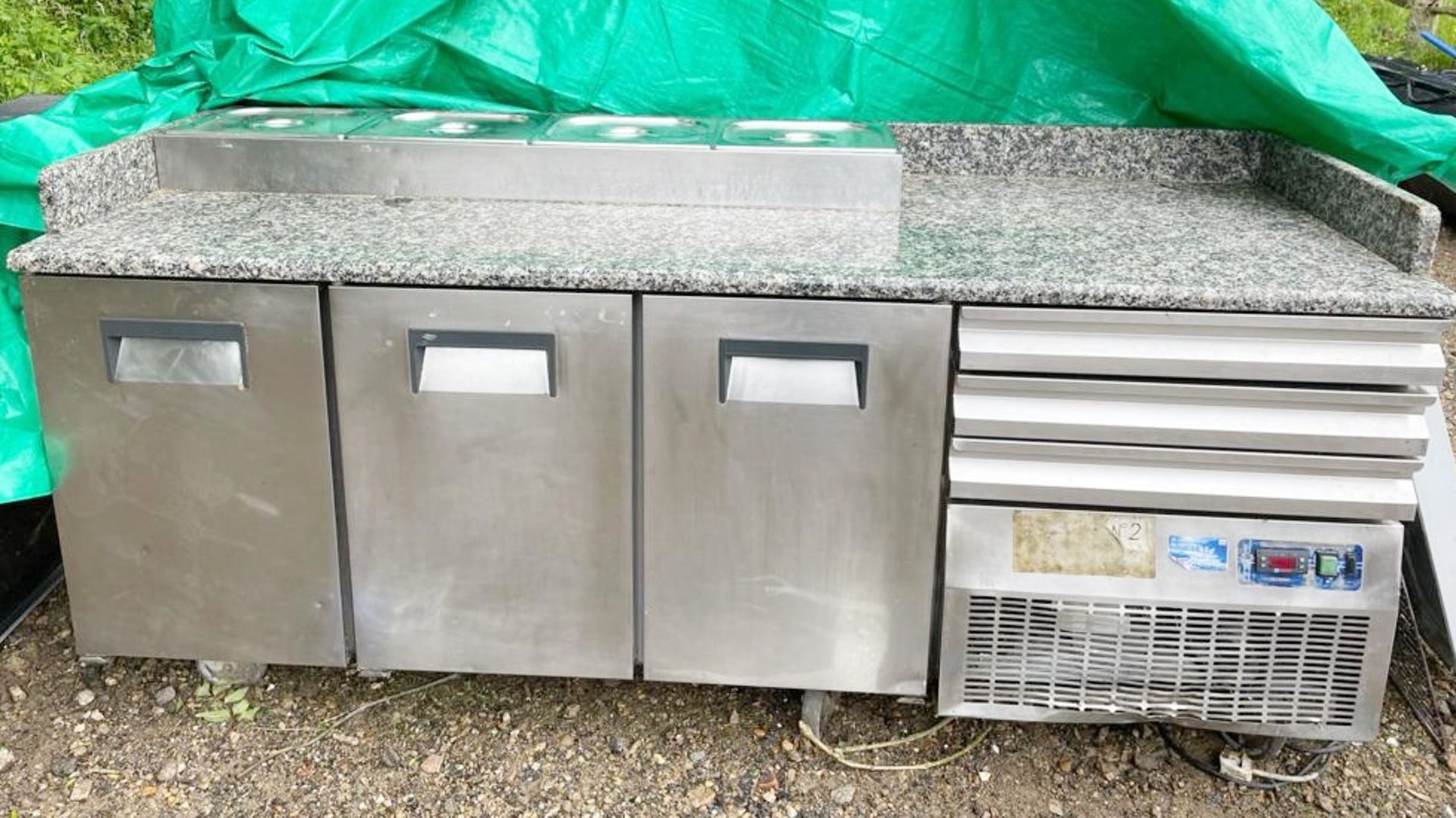 1 x Desmon Pizza Prep Counter With Three Door Refrigeration, Granite Work Top and Stainless Steel