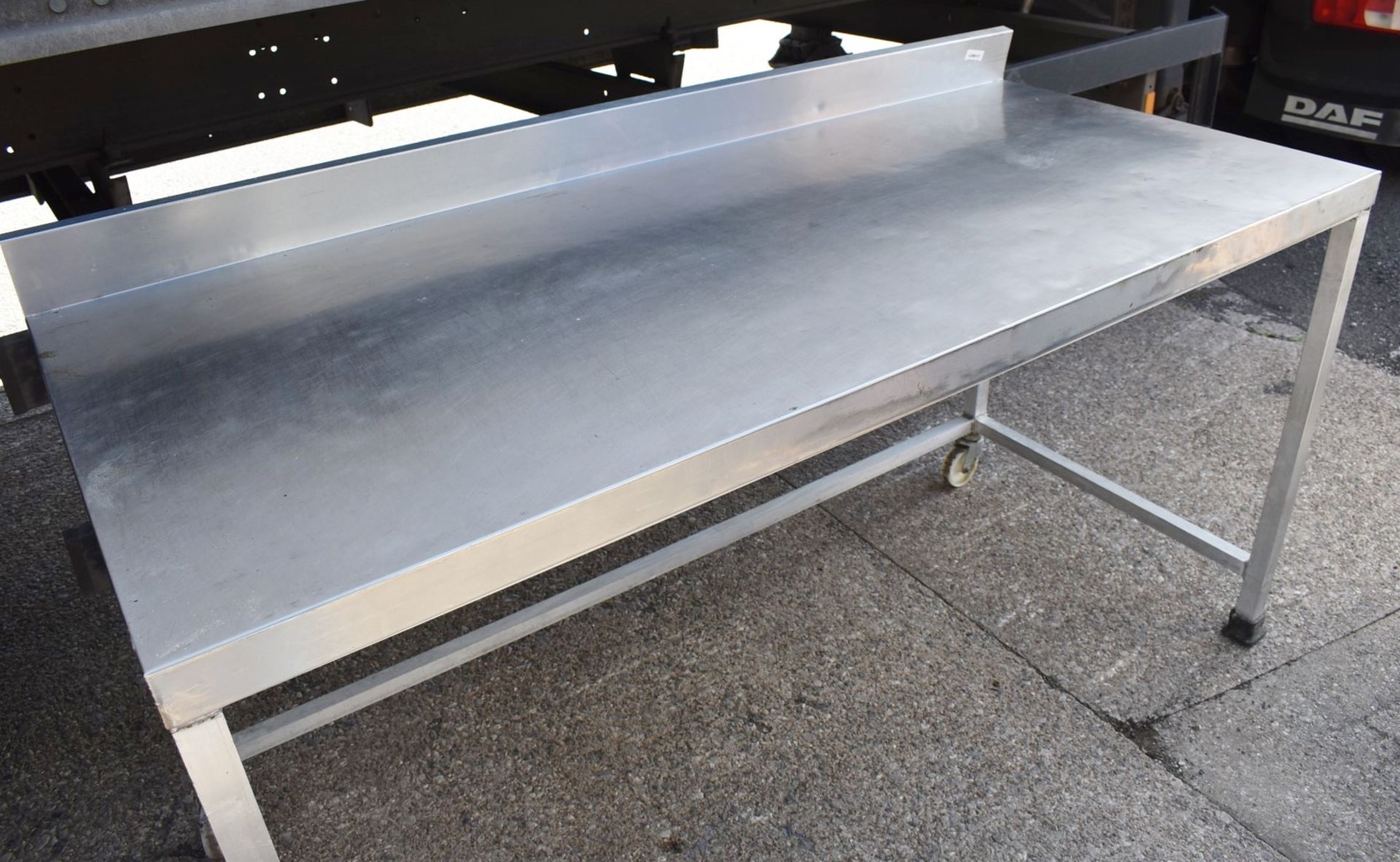 1 x Stainless Steel Prep Table With Upstand and Castor Wheels - H91 x W176 x D80 cms - Dimensions: - Image 3 of 8