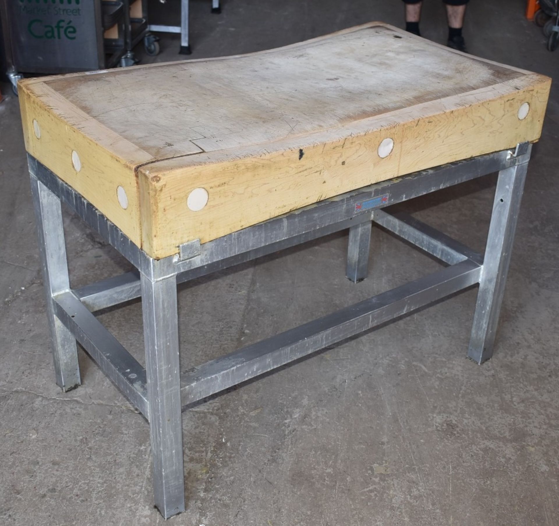1 x Large Butchers Block Chopping Board on Fabricated Stainless Steel Stand Dimensions: H82 x W107 x