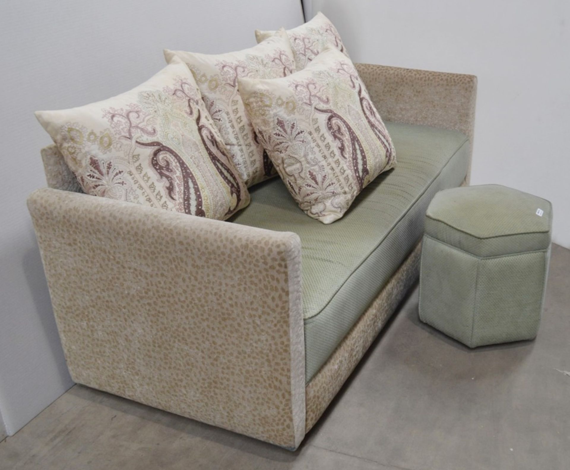 1 x Upholstered Sofa With 4 x Cushions, Pale Green Seat Cushion With Matching Footstool - Ref: