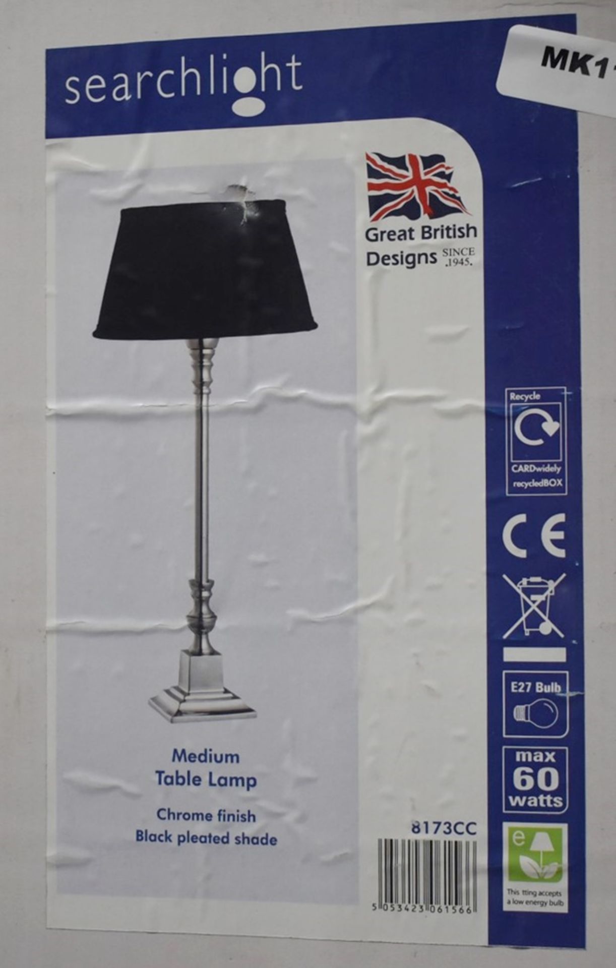 1 x Searchlight Elegant Table Lamp With Chrome and Black Pleated Shade - Product Code: 8173CC - - Image 2 of 3