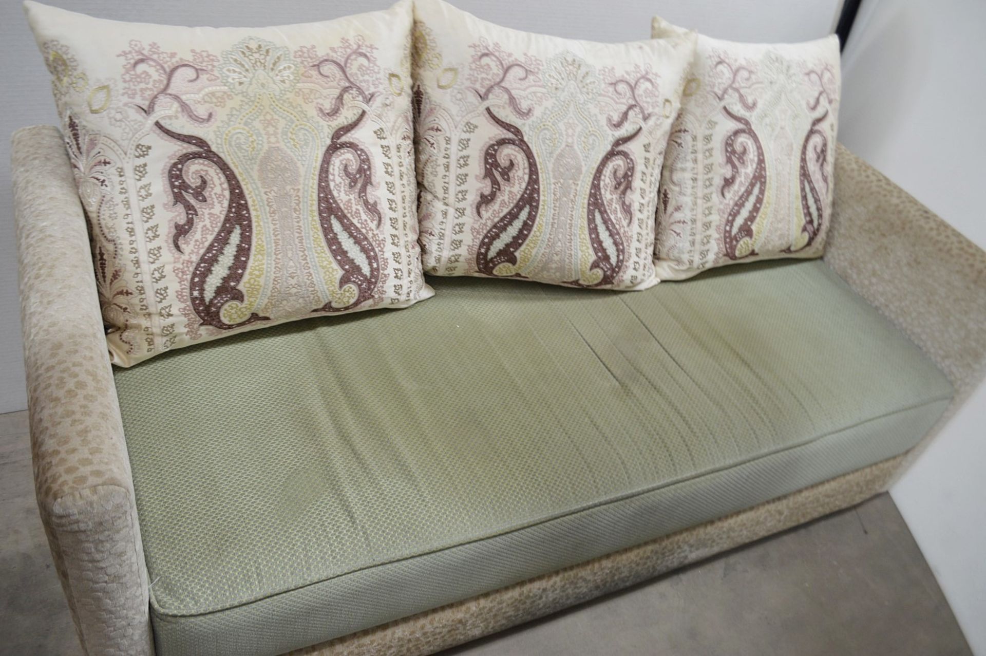 1 x Upholstered Sofa With 4 x Cushions, Pale Green Seat Cushion With Matching Footstool - Ref: - Image 7 of 7