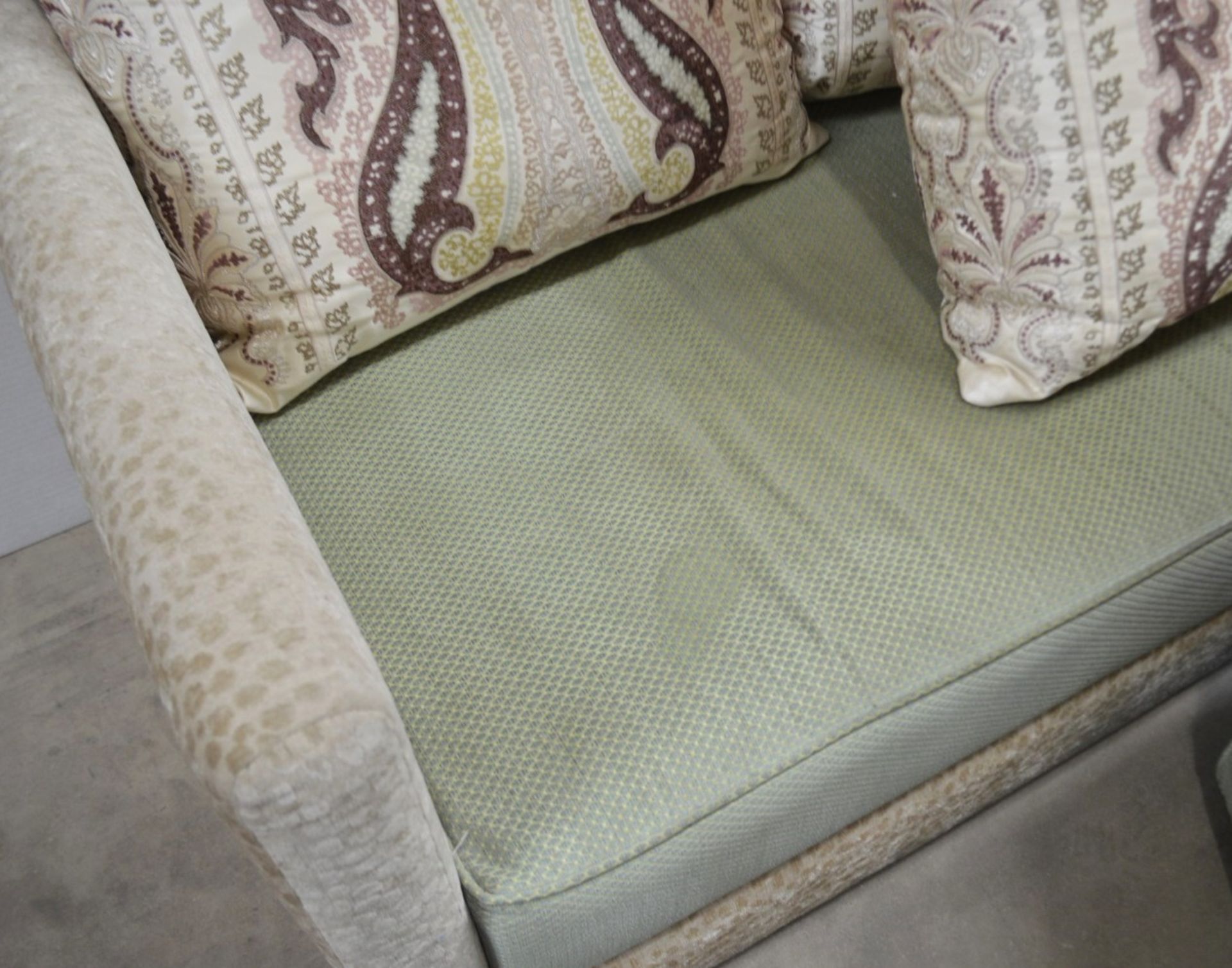 1 x Upholstered Sofa With 4 x Cushions, Pale Green Seat Cushion With Matching Footstool - Ref: - Image 6 of 7