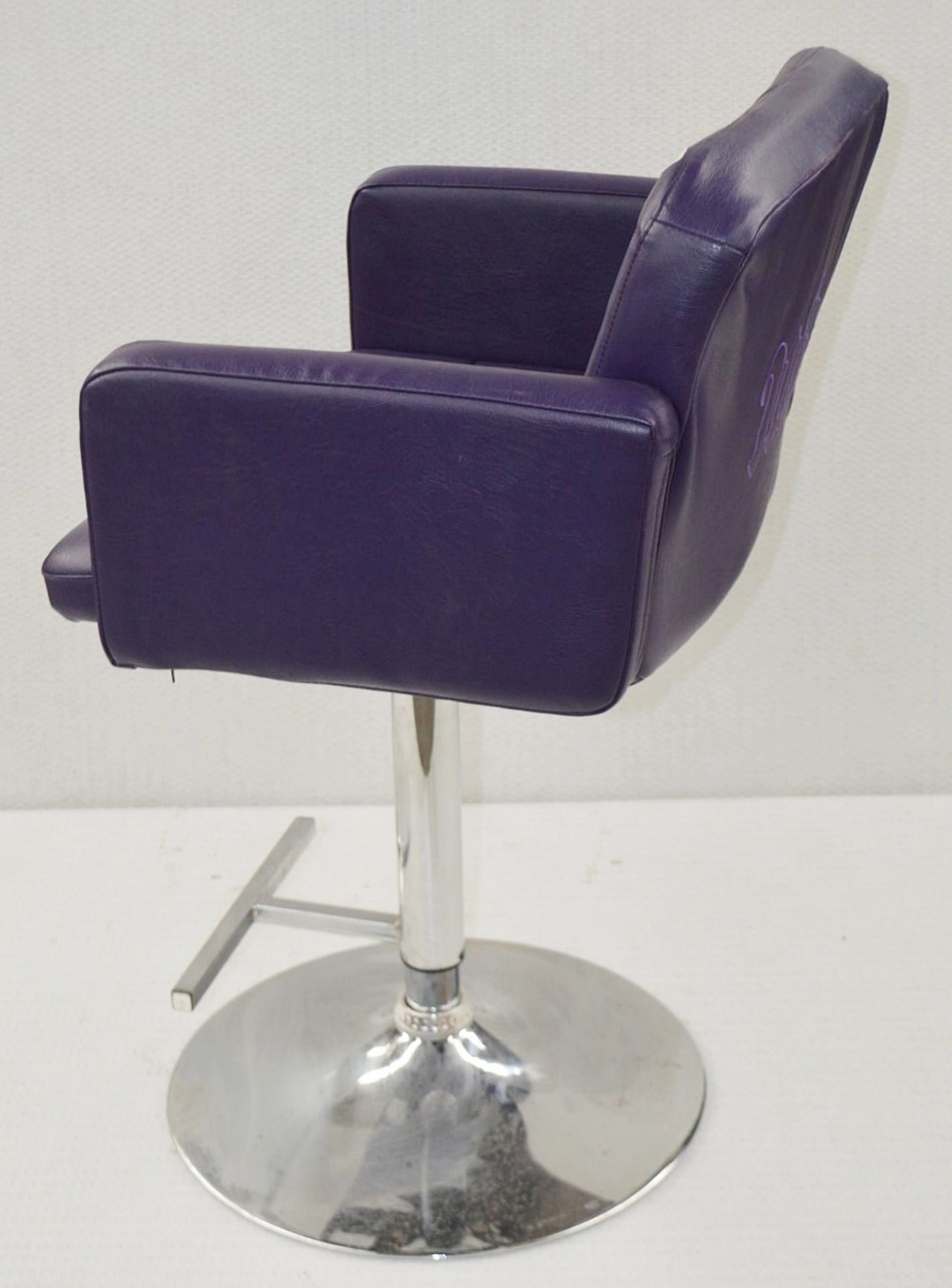 1 x URBAN DECAY Branded Gas-Lift Beauty Salon Swivel Chair With Foot Plate - Upholstered In Purple - Image 5 of 6