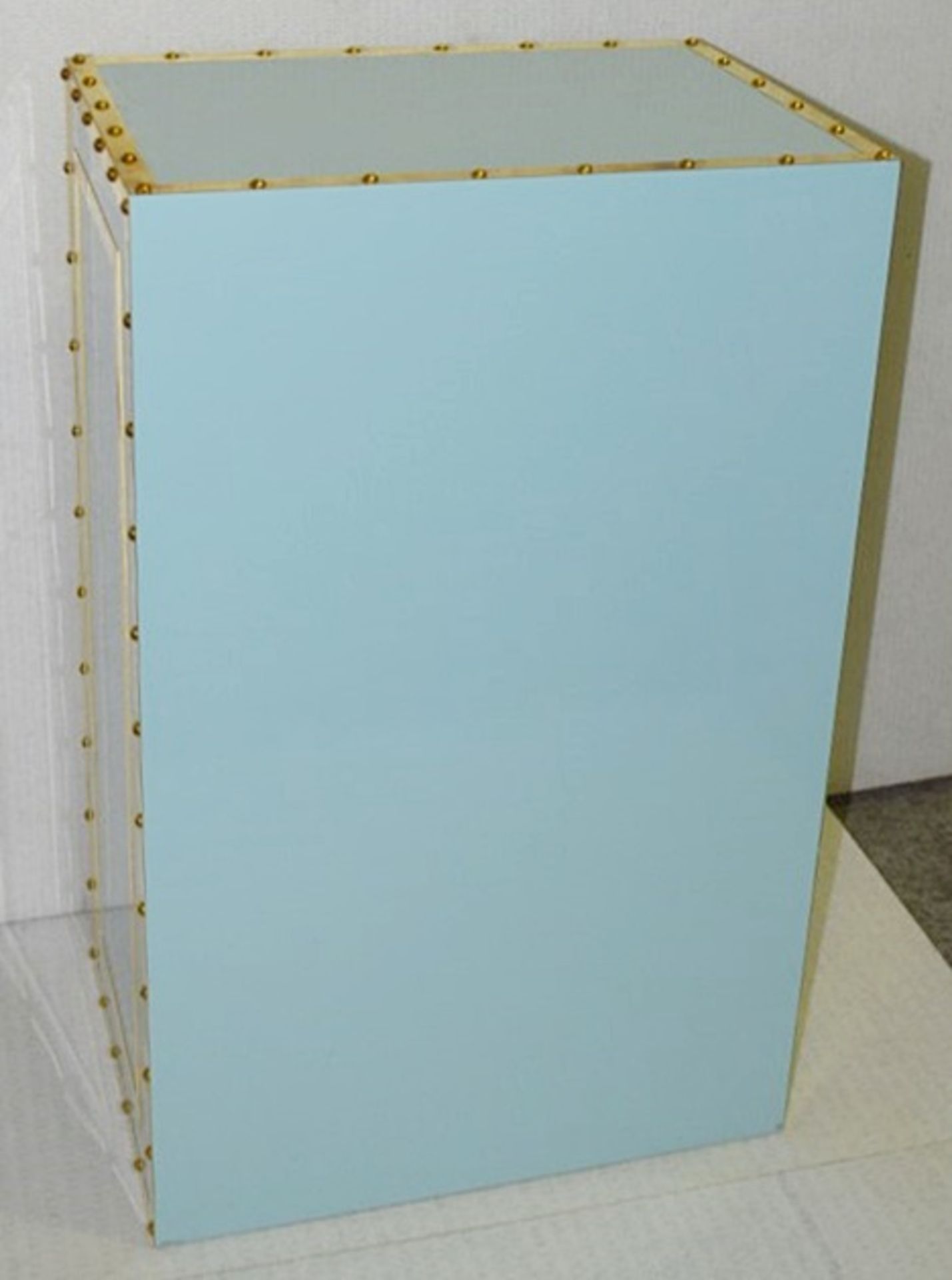 Set Of 3 x Slimline Bank Vault Safe-style Shop Display Plinths In Tiffany Blue With Gold Trim - Image 6 of 7