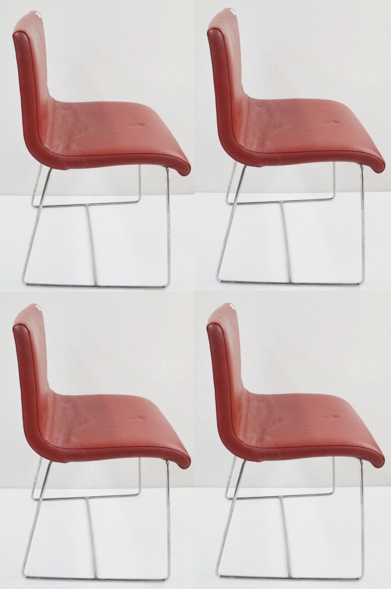 4 x Stylish Contemporary Chairs Upholstered In Red Faux Leather With Chrome Bases - Dimensions: