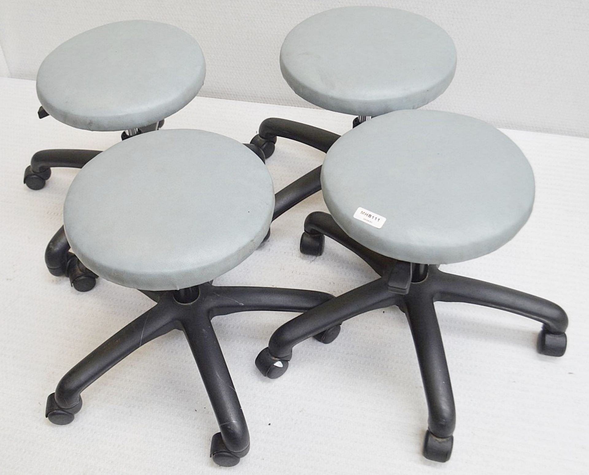 4 x Upholstered Swivel Treatment Chairs With Light Blue Upholstered - Dimensions: Diameter 34cm /