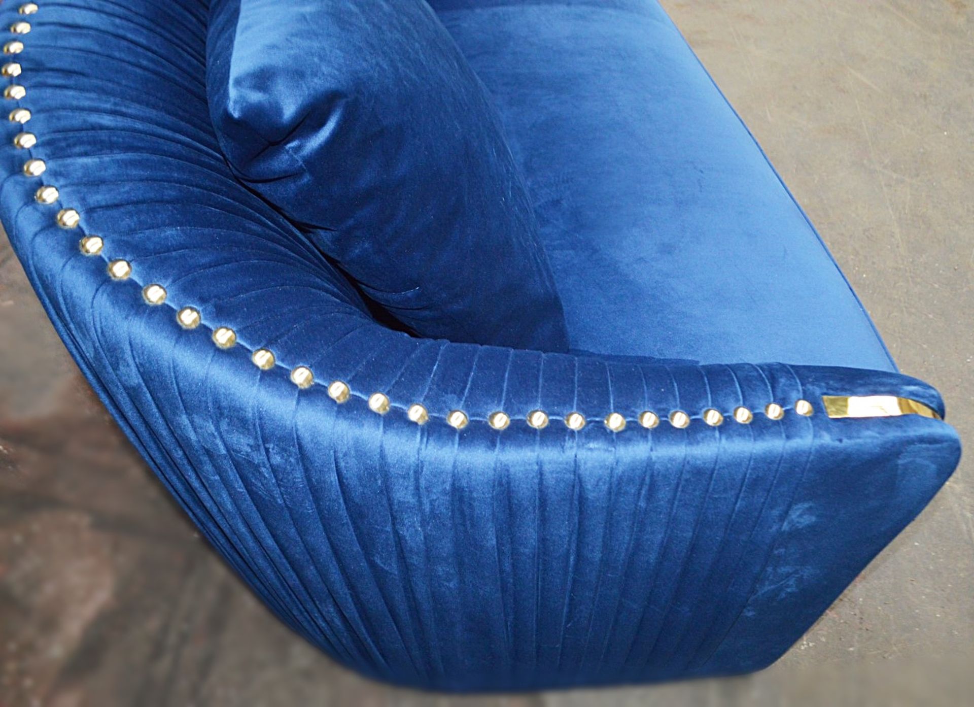 1 x Bespoke Blue Velvet Button-Back Sofa In A Rich Royal Blue Velvet With Detailing In Gold - Image 7 of 8