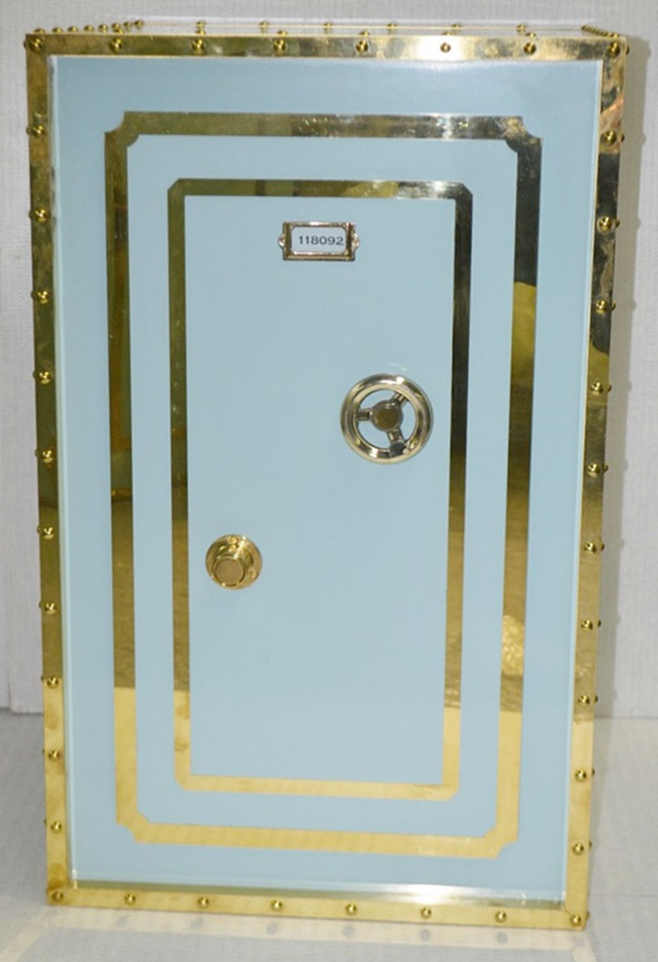 1 x Opulent Bank Vault Safe-style Shop Display Plinth In Tiffany Blue With Gold Trim - Image 3 of 6