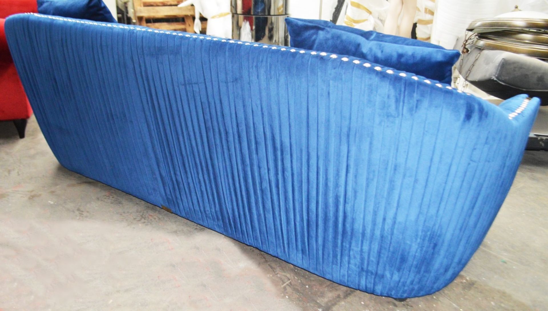 1 x Bespoke Blue Velvet Button-Back Sofa In A Rich Royal Blue Velvet With Detailing In Gold - Image 6 of 8