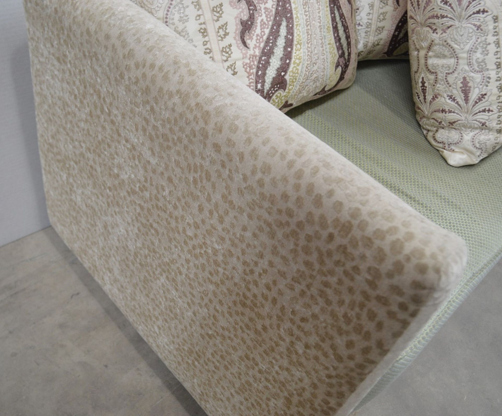 1 x Upholstered Sofa With 4 x Cushions, Pale Green Seat Cushion With Matching Footstool - Ref: - Image 2 of 7