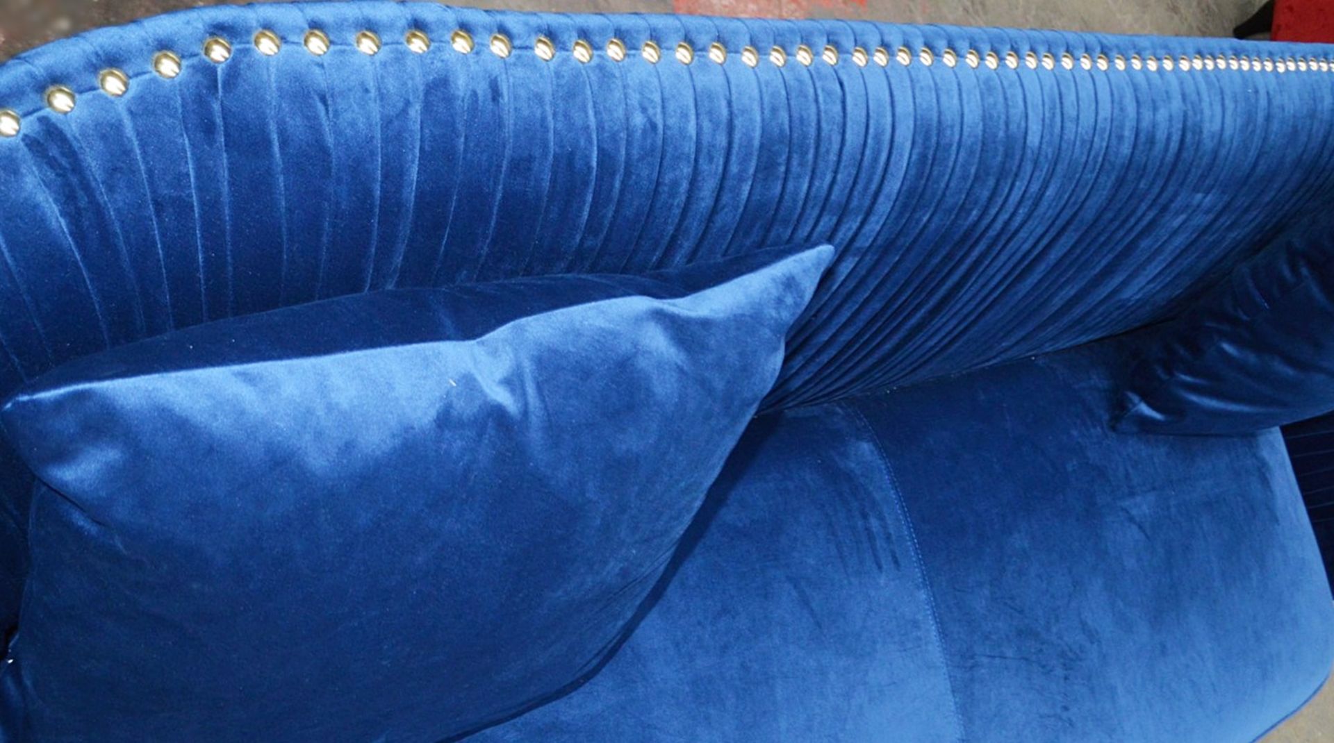1 x Bespoke Blue Velvet Button-Back Sofa In A Rich Royal Blue Velvet With Detailing In Gold - Image 5 of 8