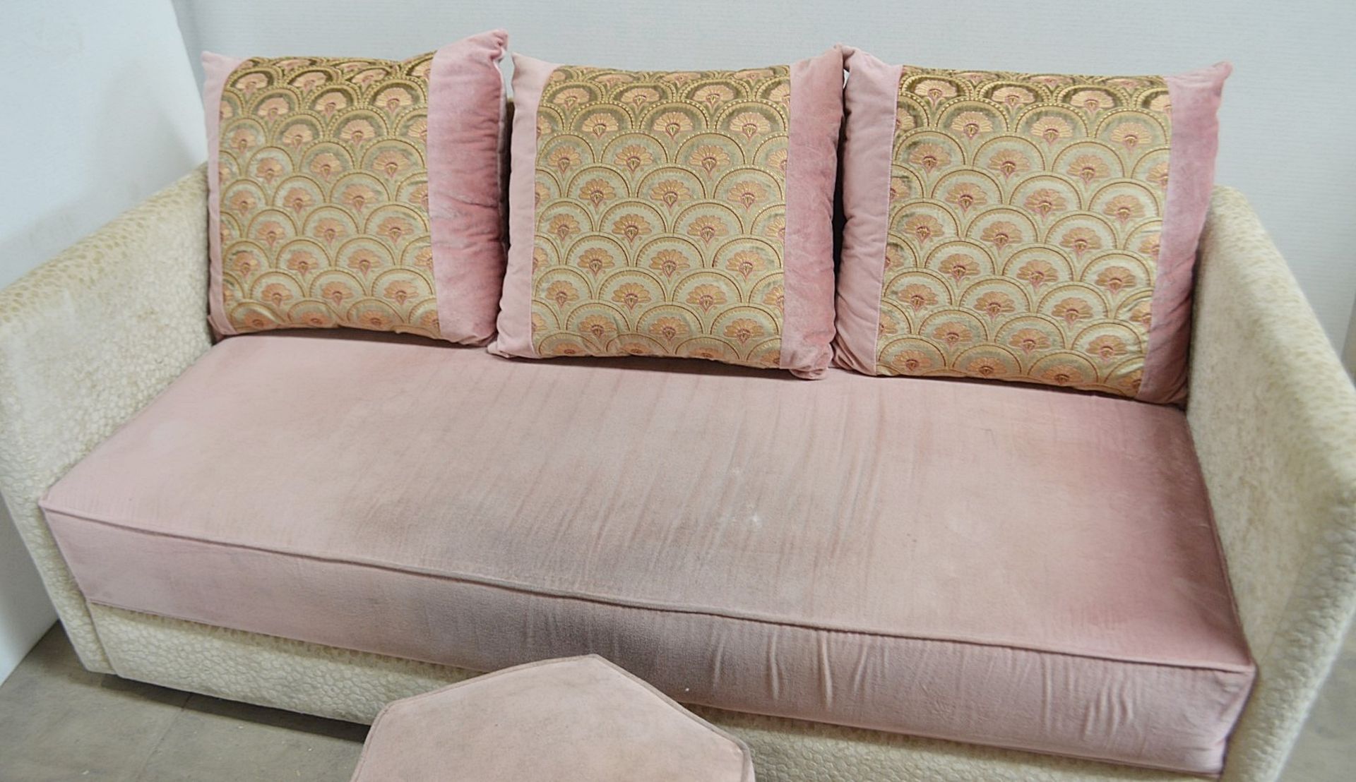 1 x Upholstered Sofa With 3 x Cushions, Pale Pink Seat Cushion With Matching Footstool - Ref: HMS104 - Image 2 of 5