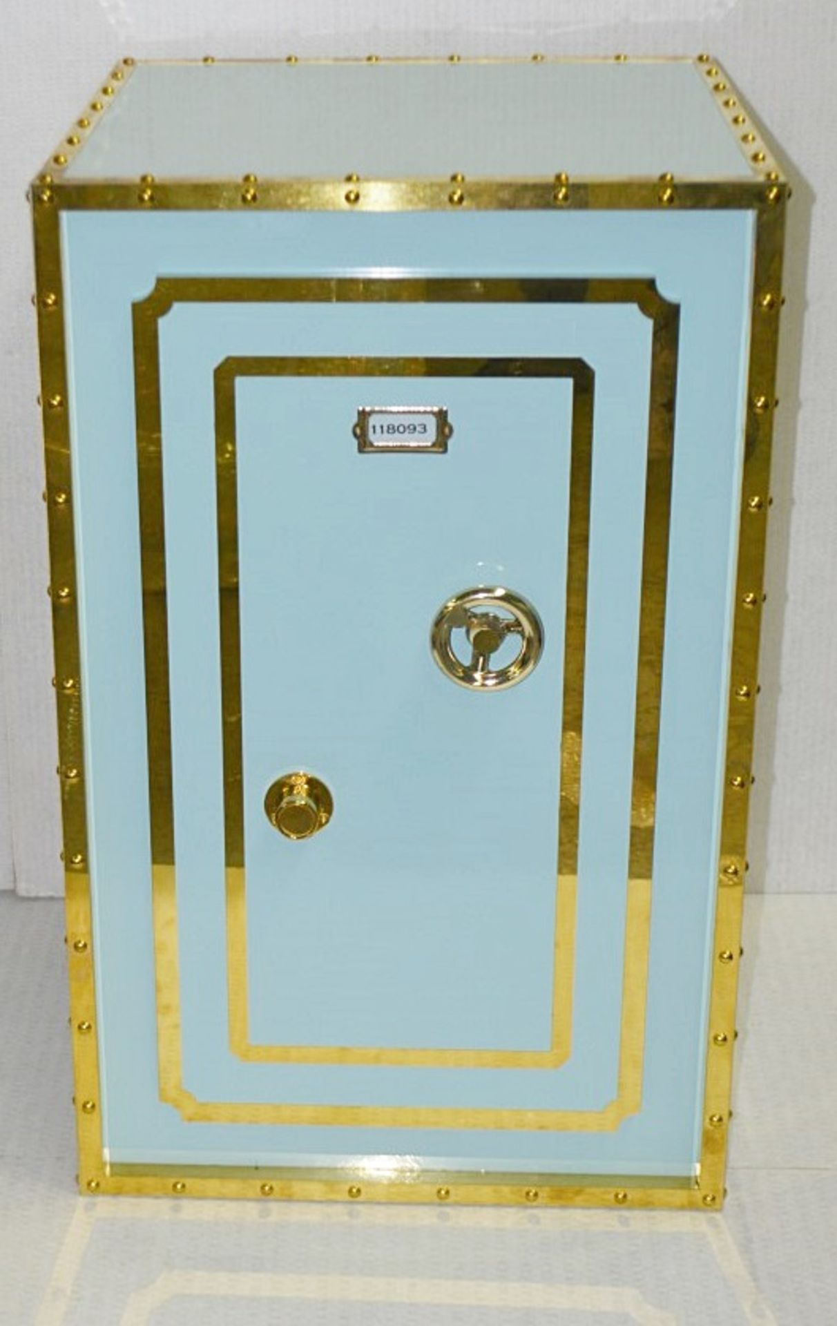 1 x Opulent Bank Vault Safe-style Shop Display Plinth In Tiffany Blue With Gold Trim