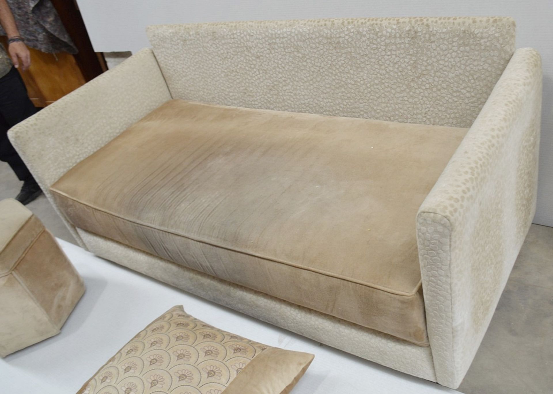 1 x Upholstered Sofa With 3 x Cushions, Pale Mocha Brown Seat Cushion With Matching Footstool - Ref: - Image 5 of 7