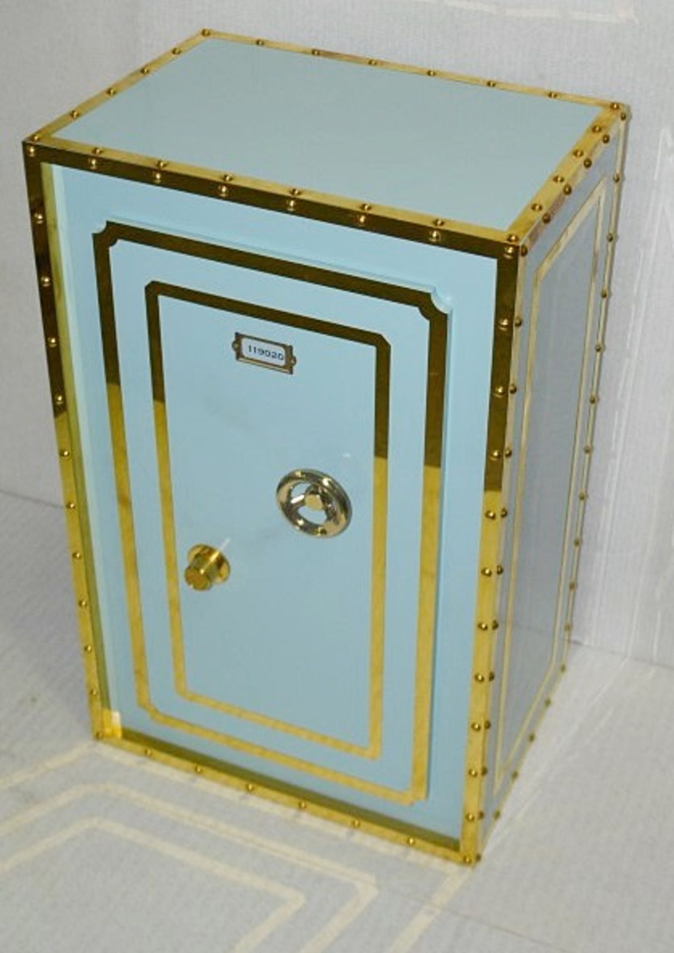 Set Of 3 x Slimline Bank Vault Safe-style Shop Display Plinths In Tiffany Blue With Gold Trim - Image 2 of 7