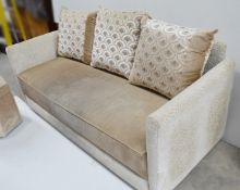 1 x Upholstered Sofa With 3 x Cushions, Pale Mocha Brown Seat Cushion With Matching Footstool - Ref: