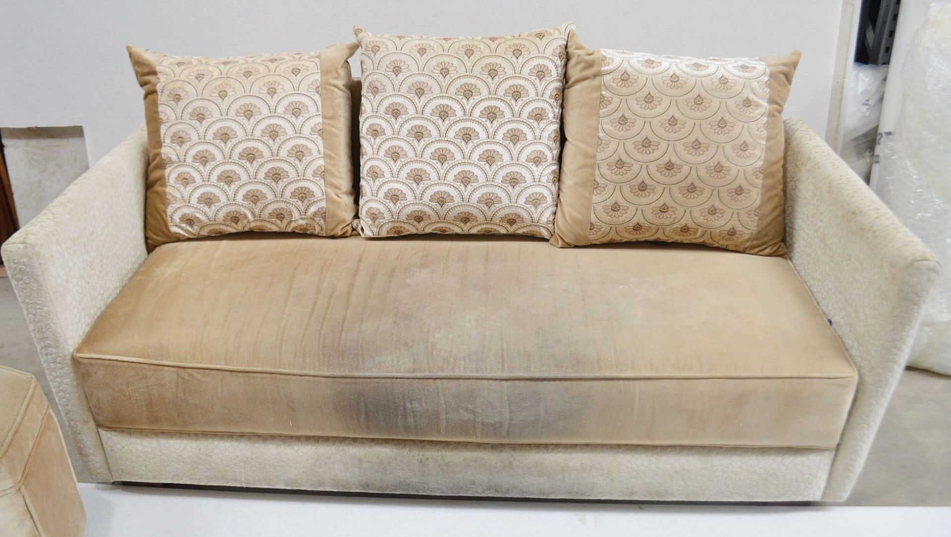 1 x Upholstered Sofa With 3 x Cushions, Pale Mocha Brown Seat Cushion With Matching Footstool - Ref: - Image 7 of 7