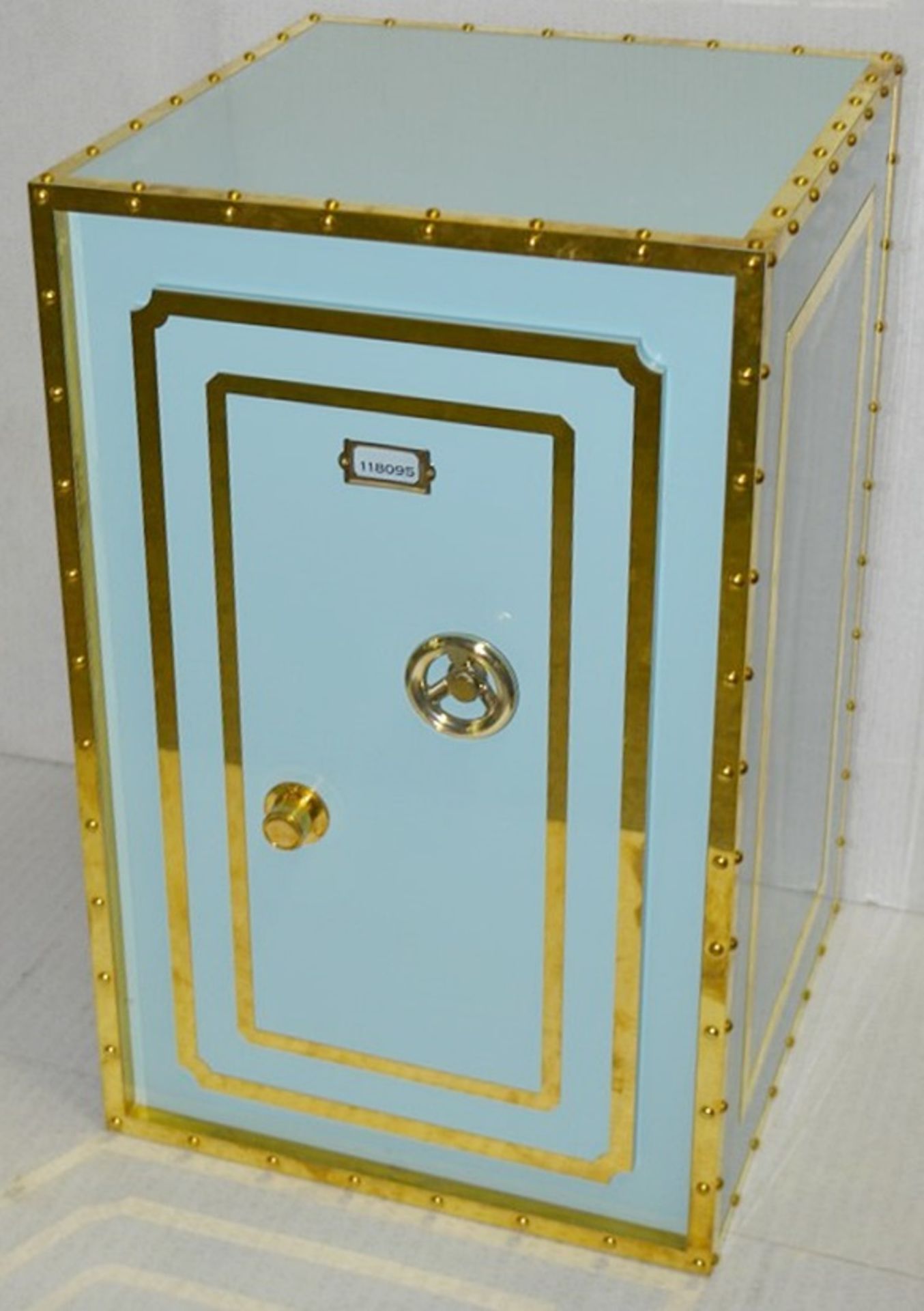 1 x Opulent Bank Vault Safe-style Shop Display Plinth In Tiffany Blue With Gold Trim