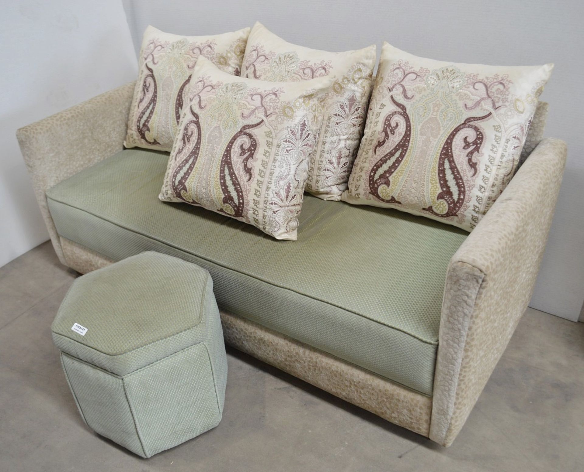 1 x Upholstered Sofa With 4 x Cushions, Pale Green Seat Cushion With Matching Footstool - Ref: - Image 3 of 7
