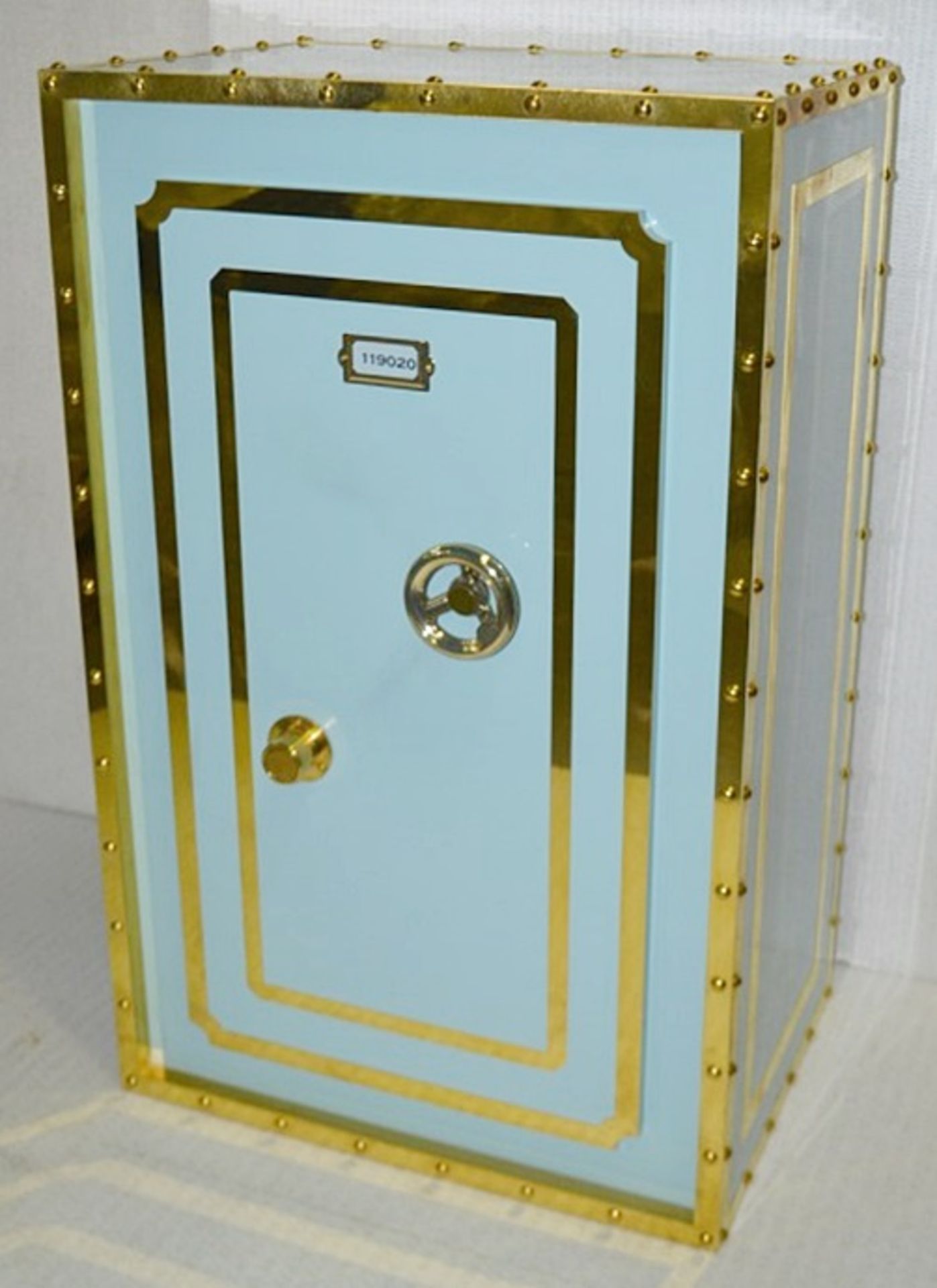 Set Of 3 x Slimline Bank Vault Safe-style Shop Display Plinths In Tiffany Blue With Gold Trim