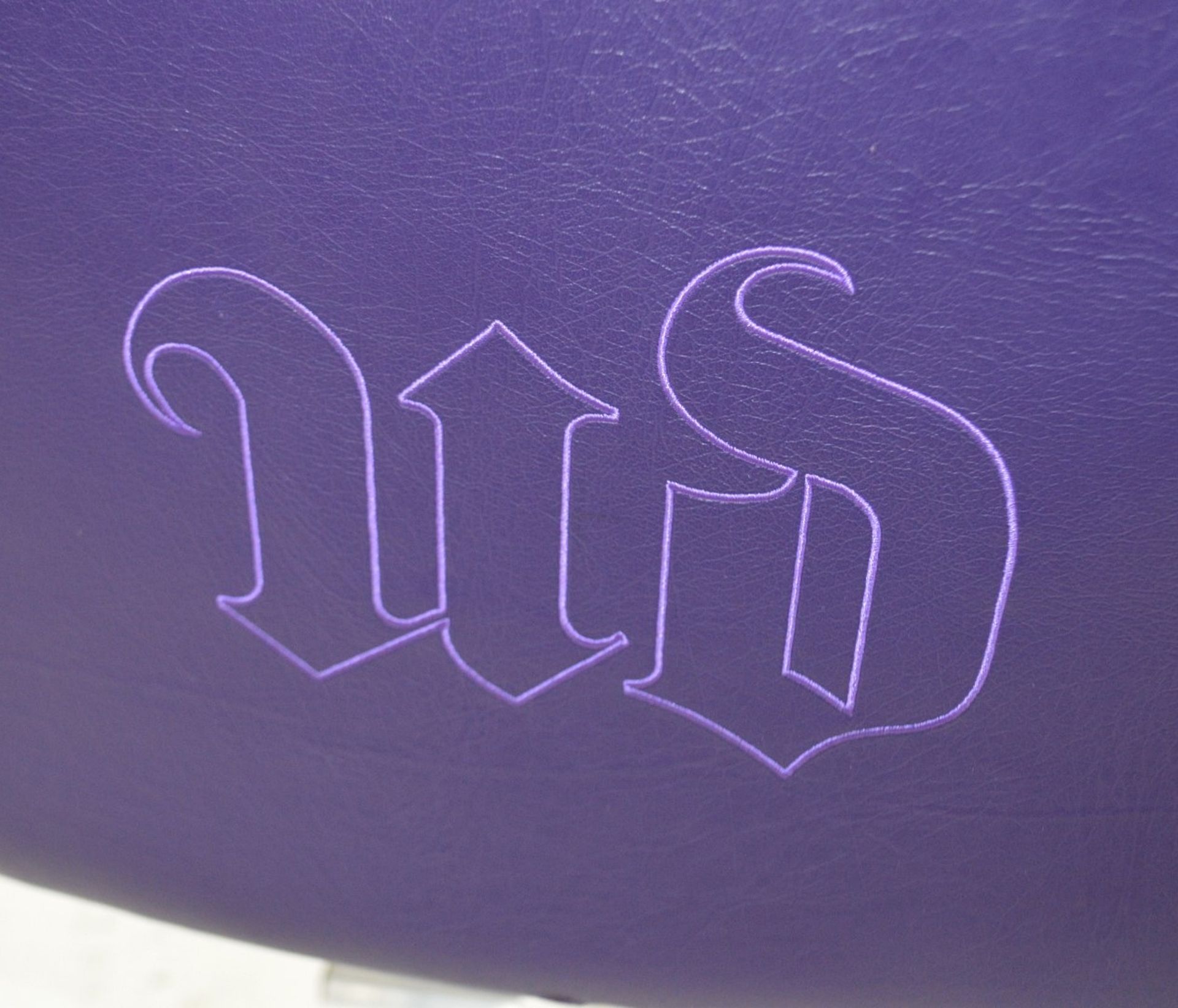 1 x URBAN DECAY Branded Gas-Lift Beauty Salon Swivel Chair With Foot Plate - Upholstered In Purple - Image 3 of 6