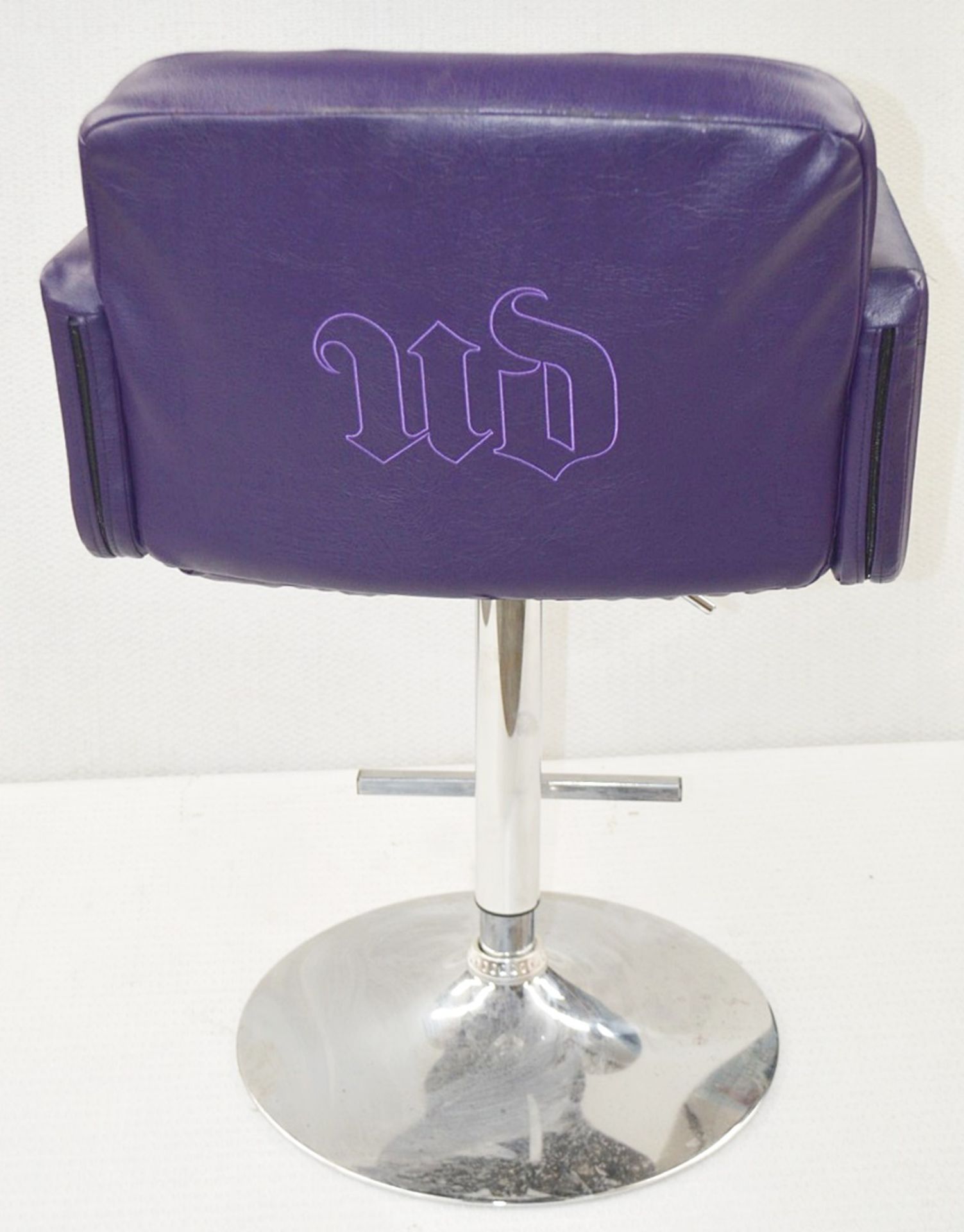 1 x URBAN DECAY Branded Gas-Lift Beauty Salon Swivel Chair With Foot Plate - Upholstered In Purple - Image 5 of 6