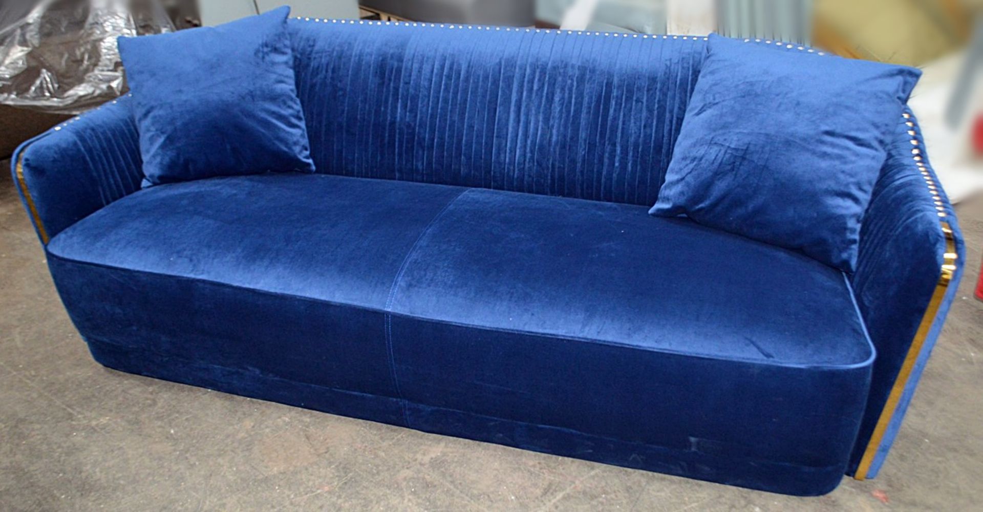 1 x Bespoke Blue Velvet Button-Back Sofa In A Rich Royal Blue Velvet With Detailing In Gold - Image 2 of 8