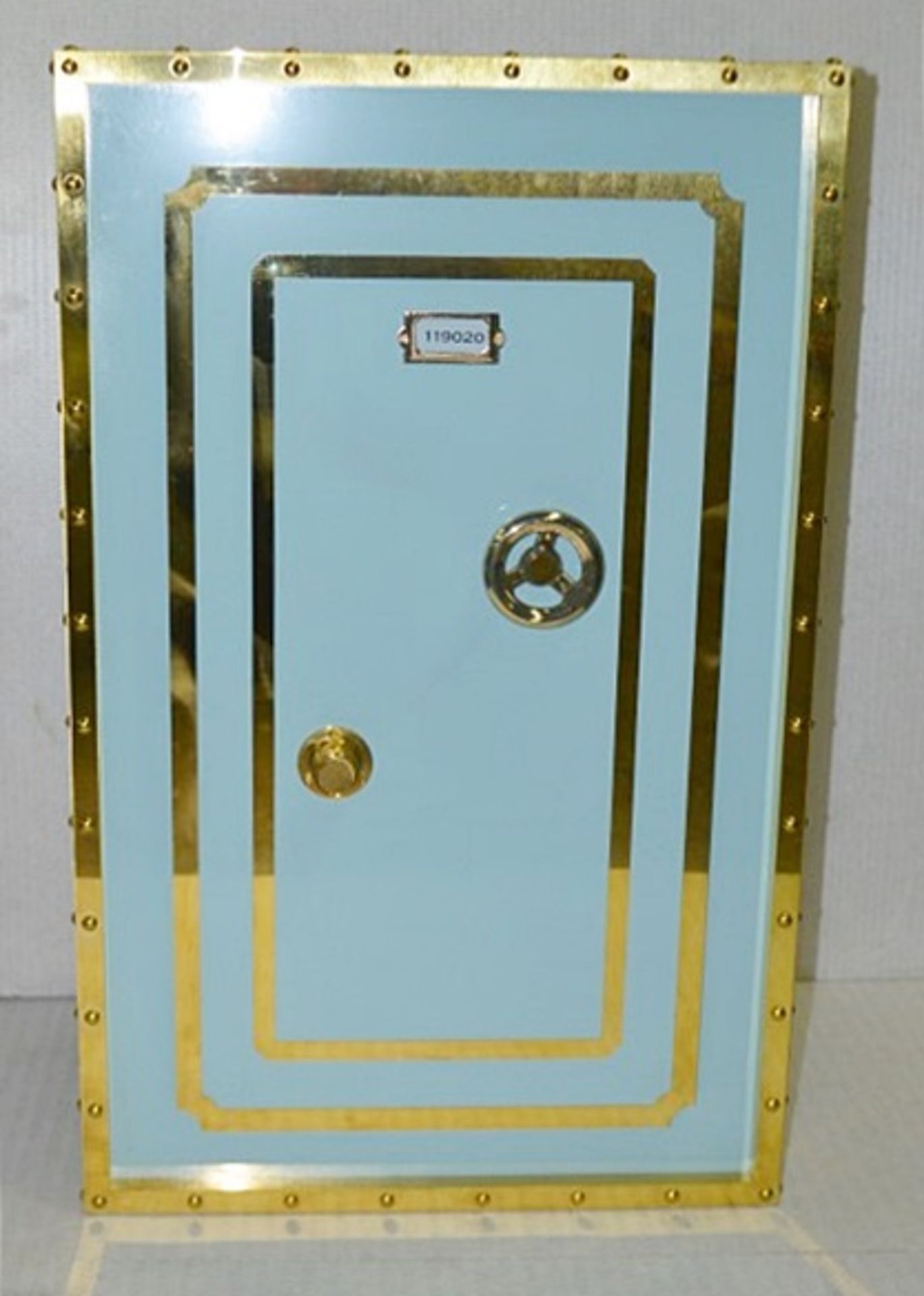 Set Of 3 x Slimline Bank Vault Safe-style Shop Display Plinths In Tiffany Blue With Gold Trim - Image 3 of 7