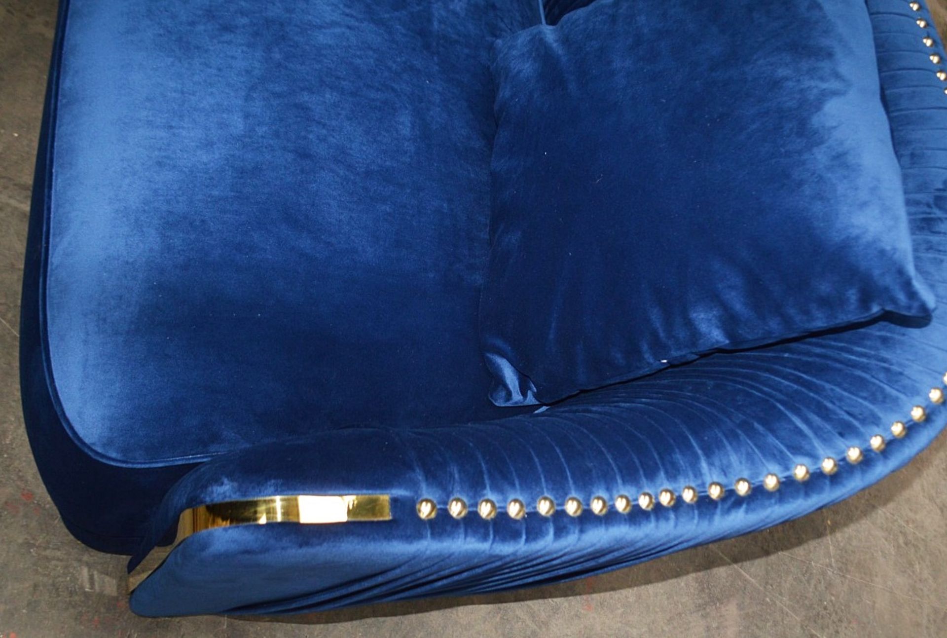 1 x Bespoke Blue Velvet Button-Back Sofa In A Rich Royal Blue Velvet With Detailing In Gold - Image 3 of 8