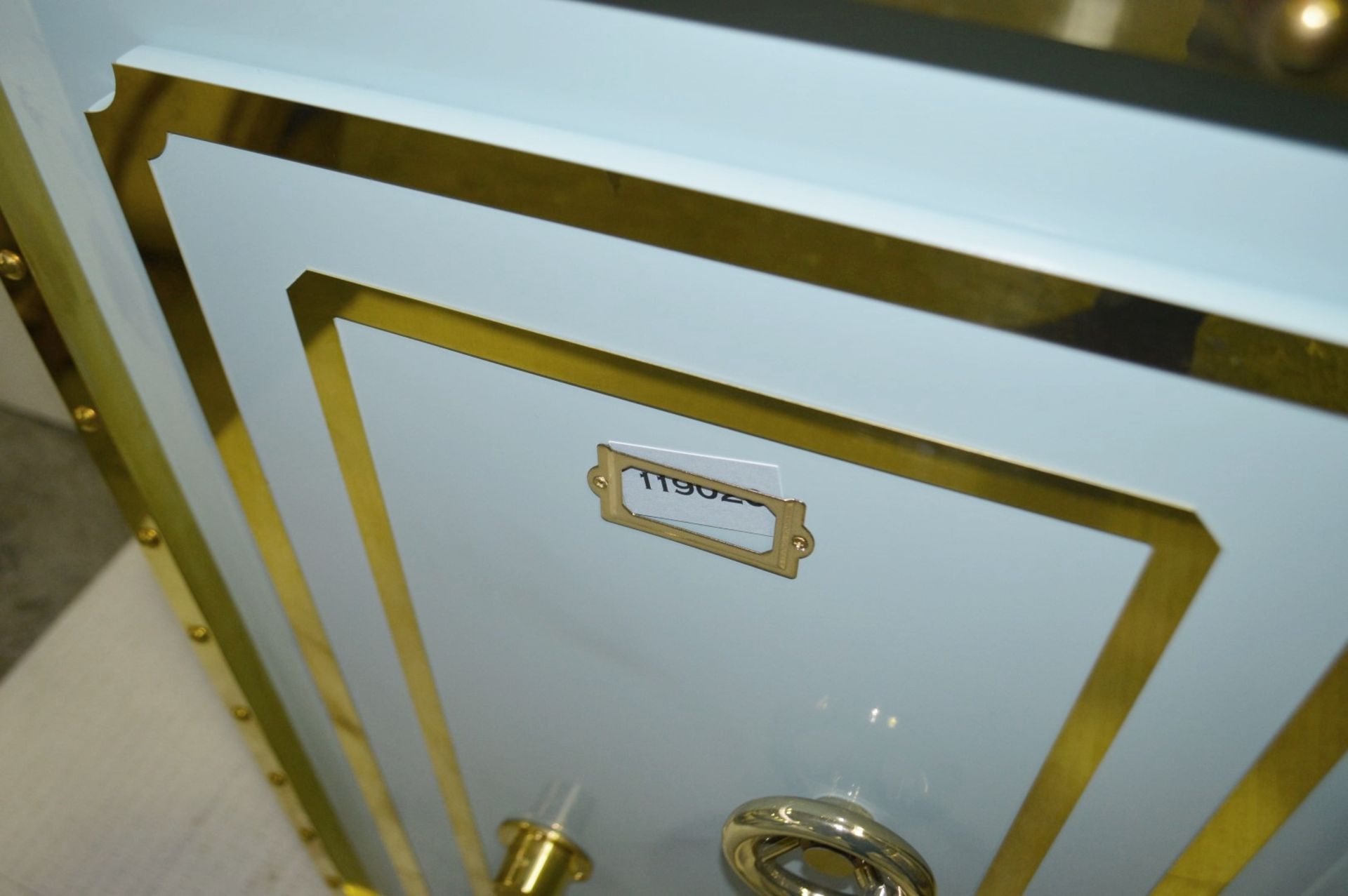 Set Of 3 x Slimline Bank Vault Safe-style Shop Display Plinths In Tiffany Blue With Gold Trim - Image 5 of 7