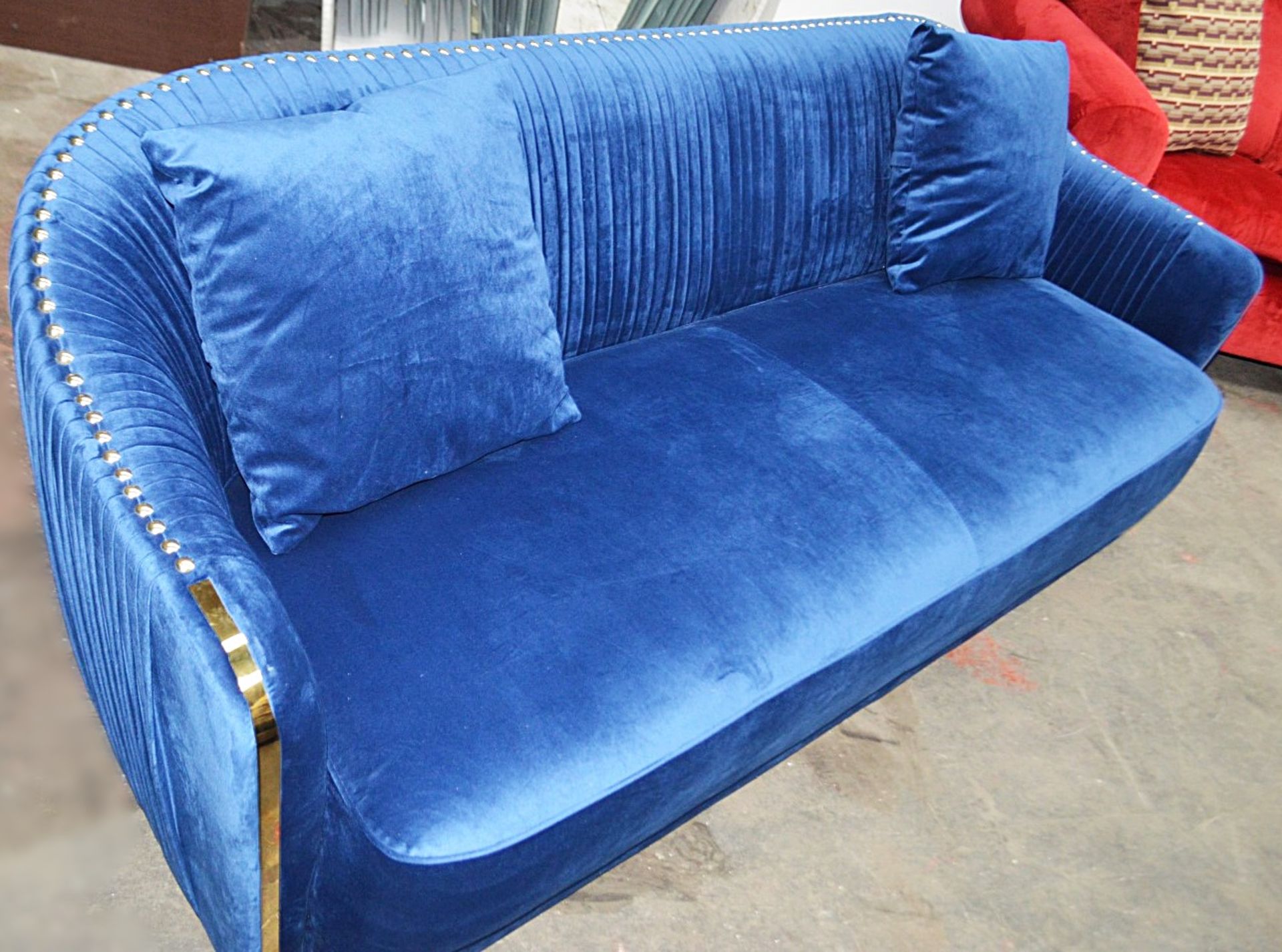 1 x Bespoke Blue Velvet Button-Back Sofa In A Rich Royal Blue Velvet With Detailing In Gold - Image 4 of 8