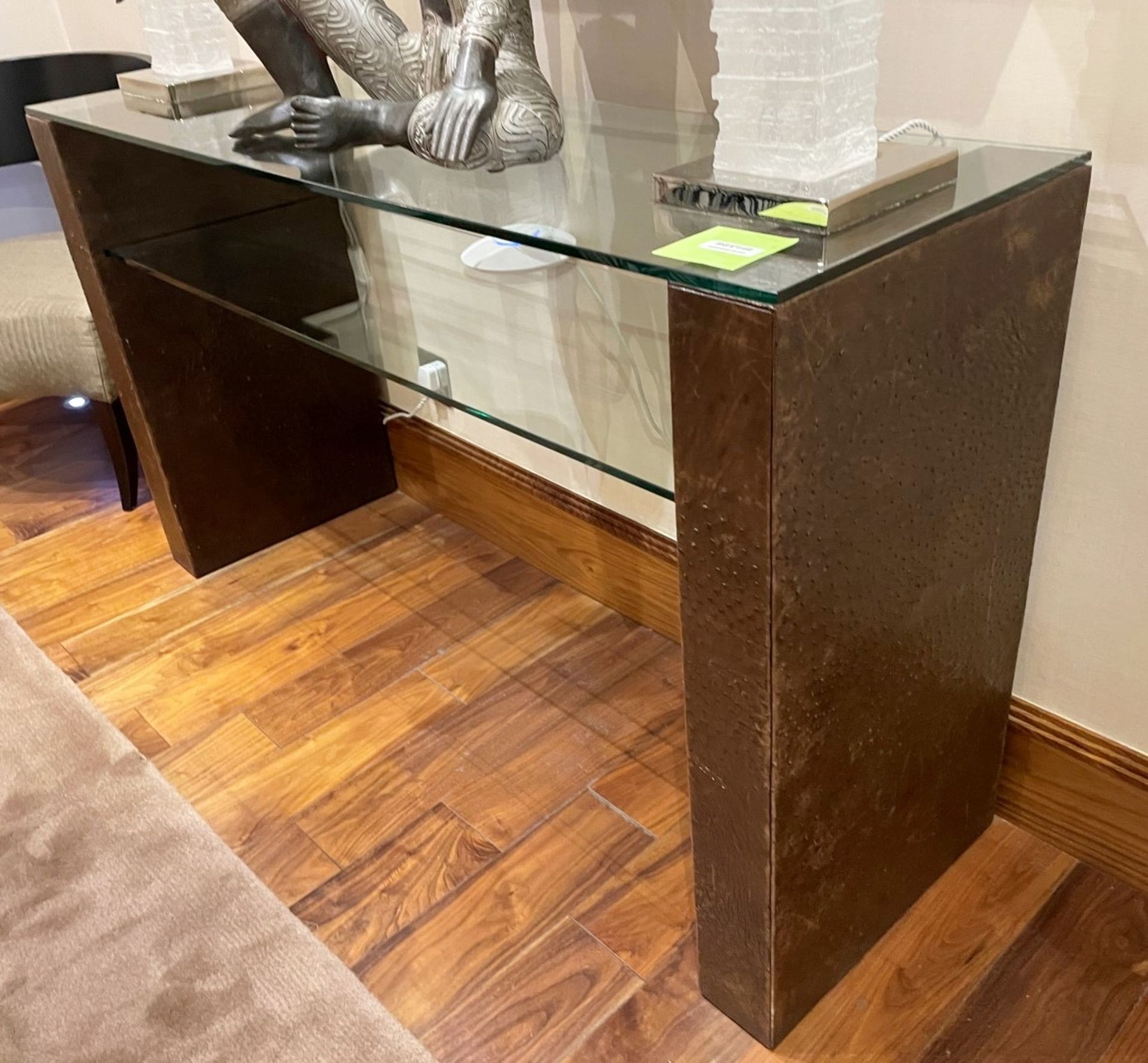 1 x Glass Topped Consul Table with Ostrich Leather Upholstered Side Panels - NO VAT ON THE HAMMER - Image 9 of 9