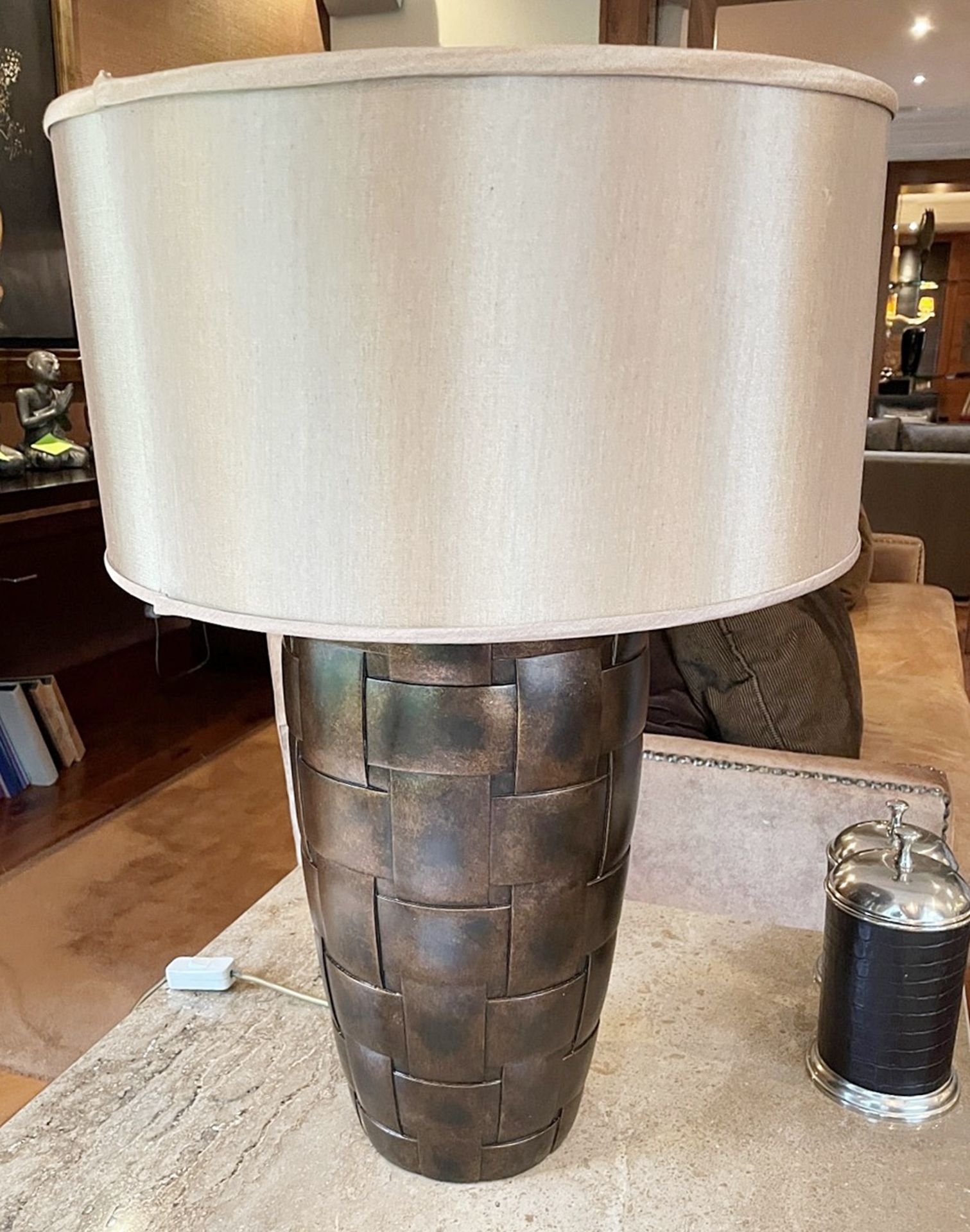 1 x Table Lamp With A Woven-style Base With A Bronze Finish, And Silk Shade