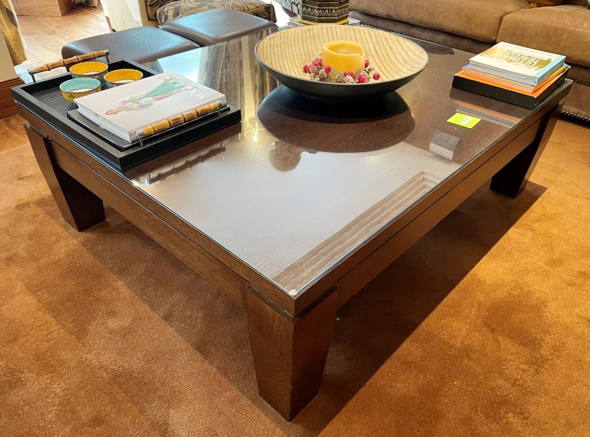 1 x Large Glass Topped Coffee Table With a Solid Wood Table - Dimensions: 150 x 120 x 48cm