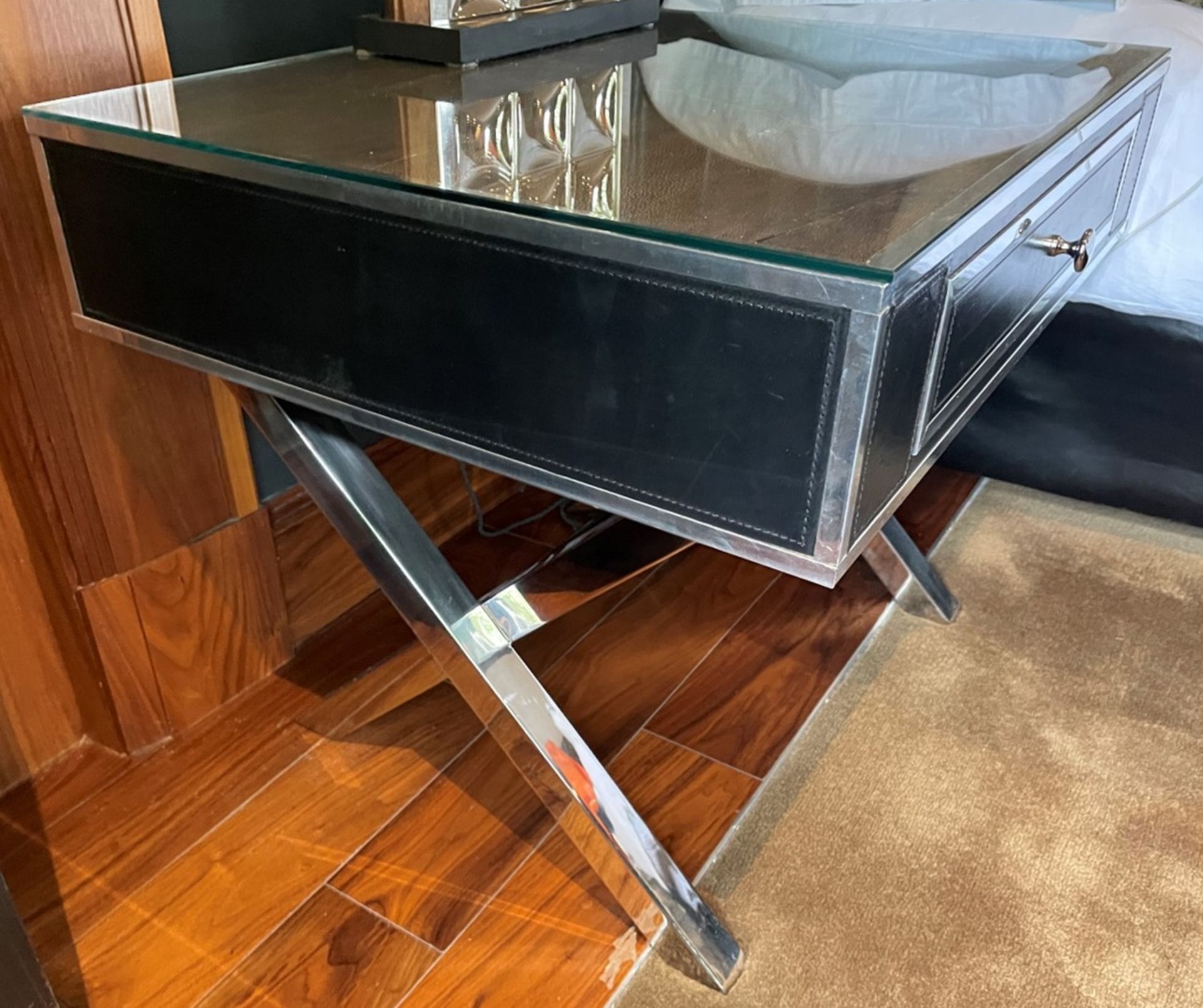 2 x Black Leather and Chrome Bedside Tables With Soft Closing Drawer, And Protective Glass Top - Image 5 of 10