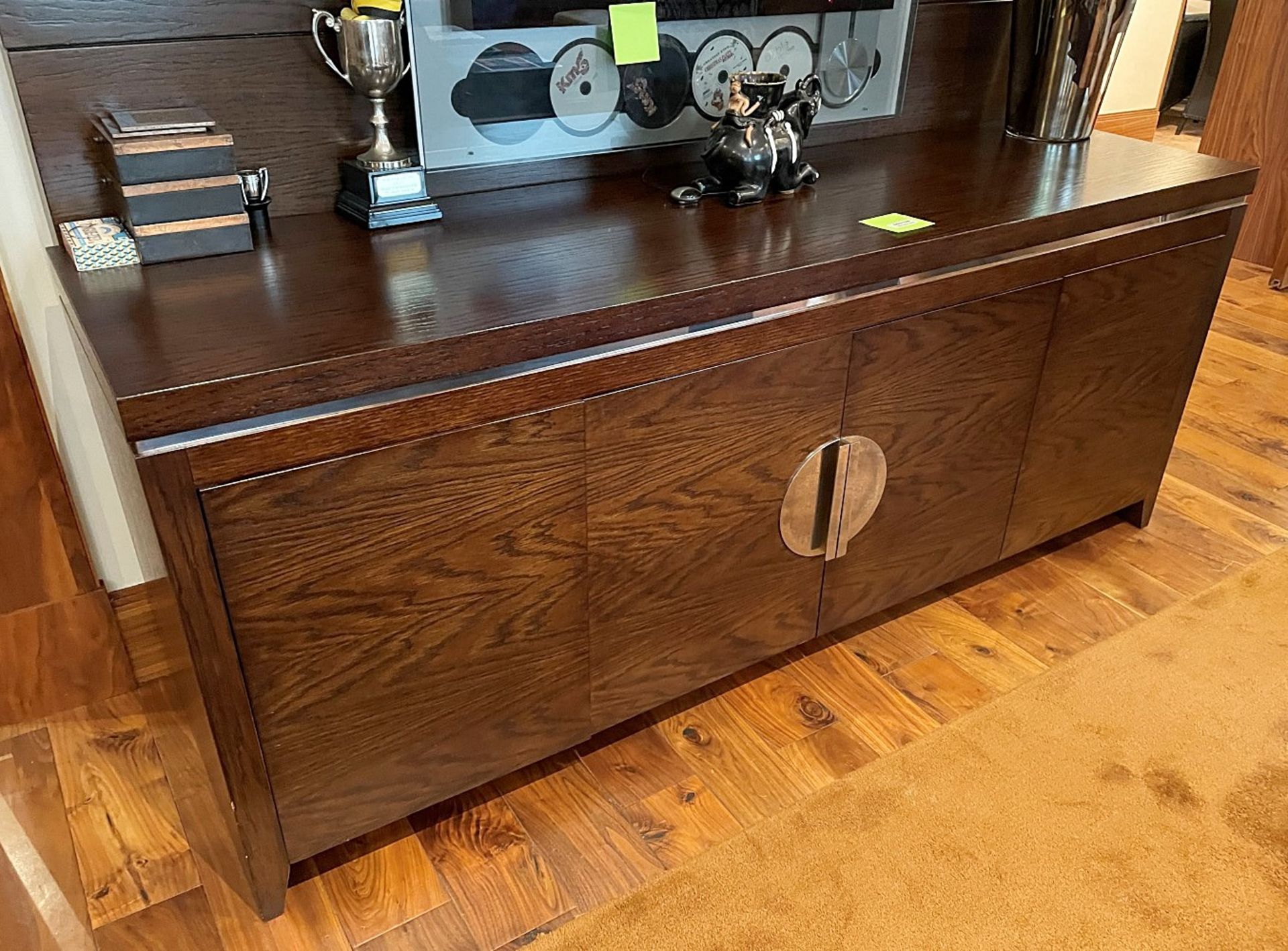 1 x Solid Wood 4-Door Sideboard In A Dark Stain With Silver Detailing - Dimensions: W180xD50xH73cm