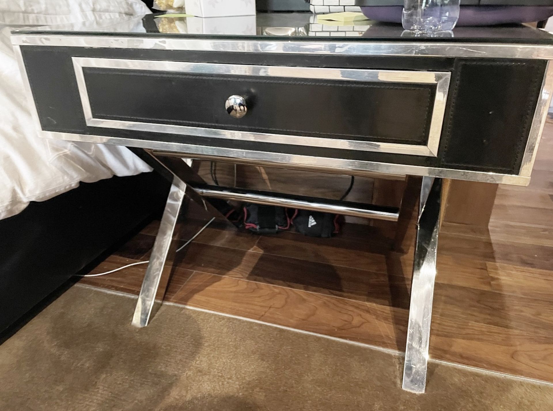 2 x Black Leather and Chrome Bedside Tables With Soft Closing Drawer, And Protective Glass Top - Image 8 of 10