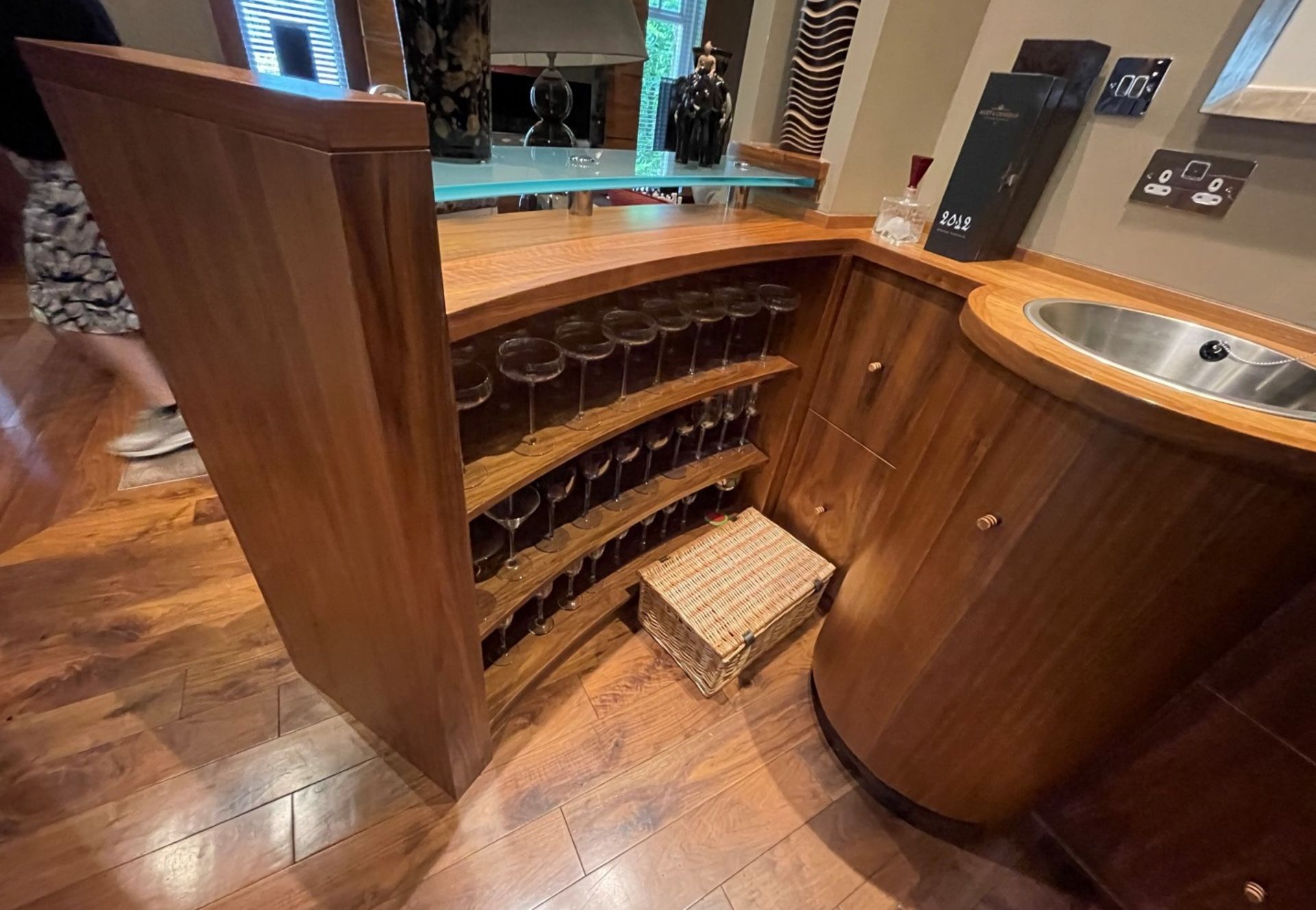 1 x Bespoke Fitted Curved Bar Area In Cherry Wood With A Frosted Glass Counter - NO VAT - Image 11 of 30